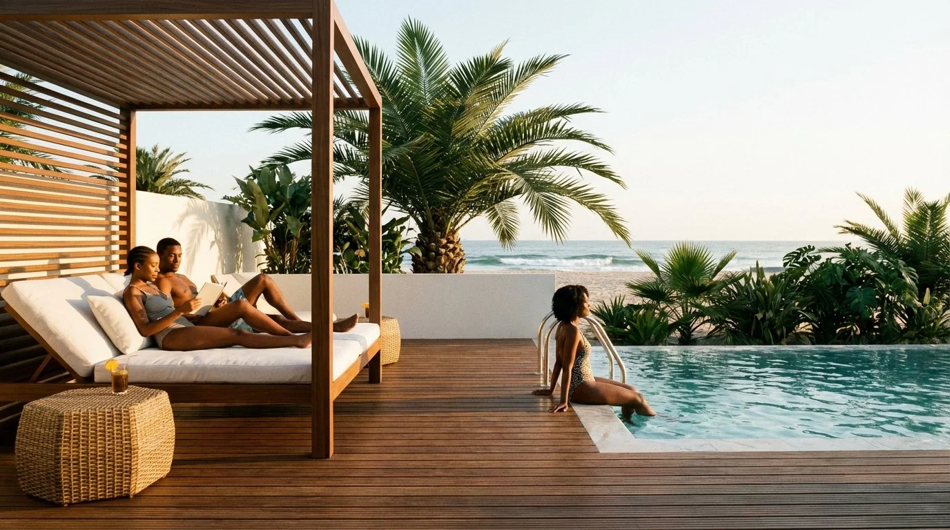 Three people relaxing by a poolside on a sunny day with palm trees and the ocean in the background, one woman sitting in the pool and a couple lying on a lounge bed reading.