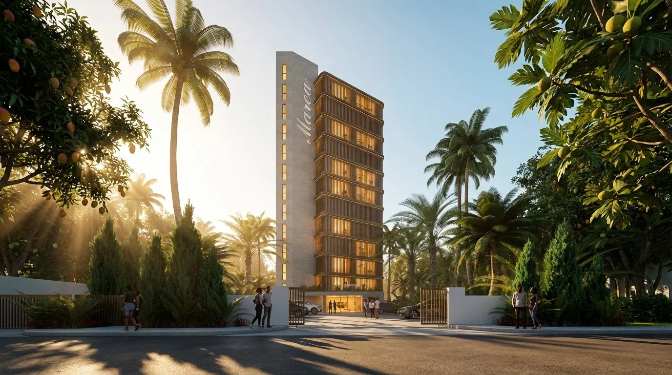 A modern high-rise building named 'Marea' surrounded by tropical palm trees and lush greenery, with people walking near the entrance during sunset.