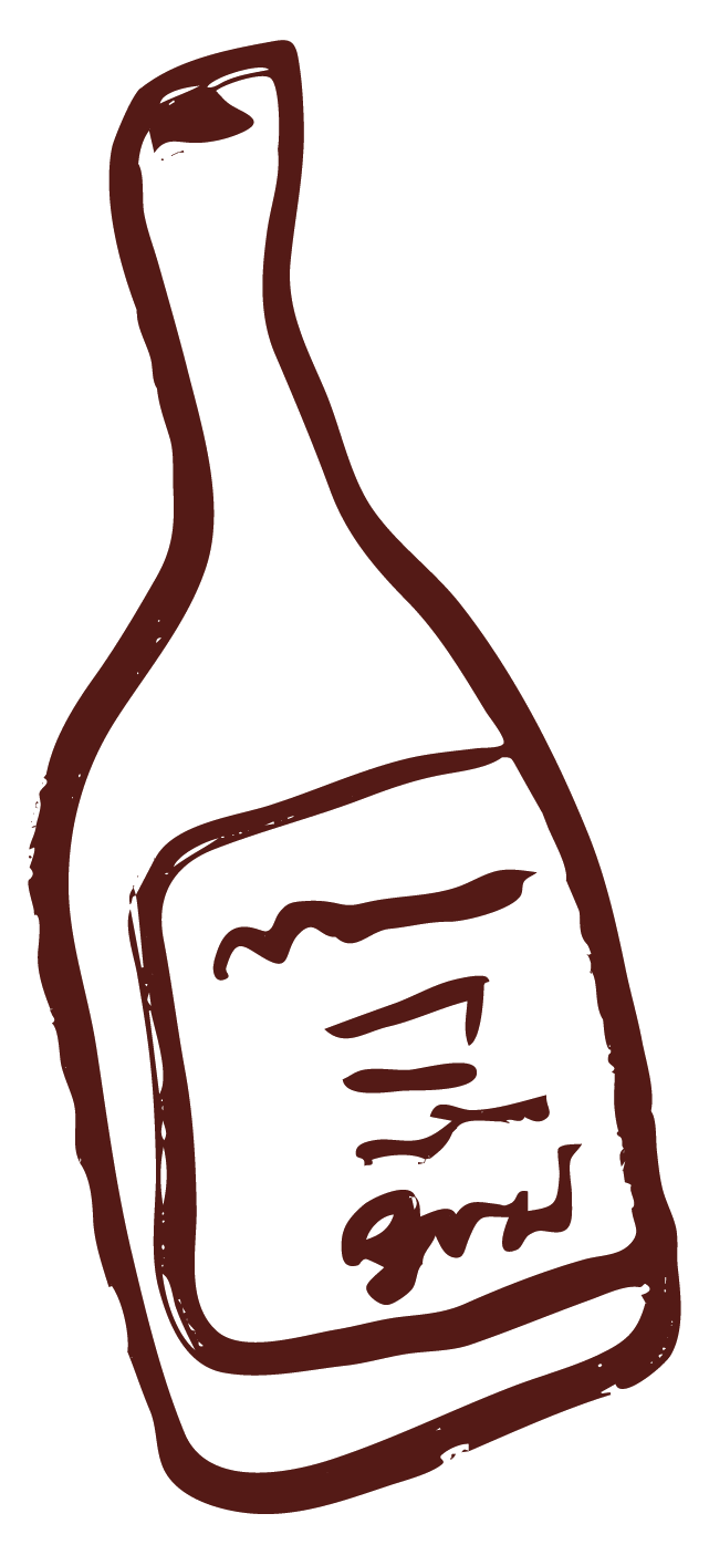 Schizzo stilizzato di una bottiglia di vino con etichetta.
