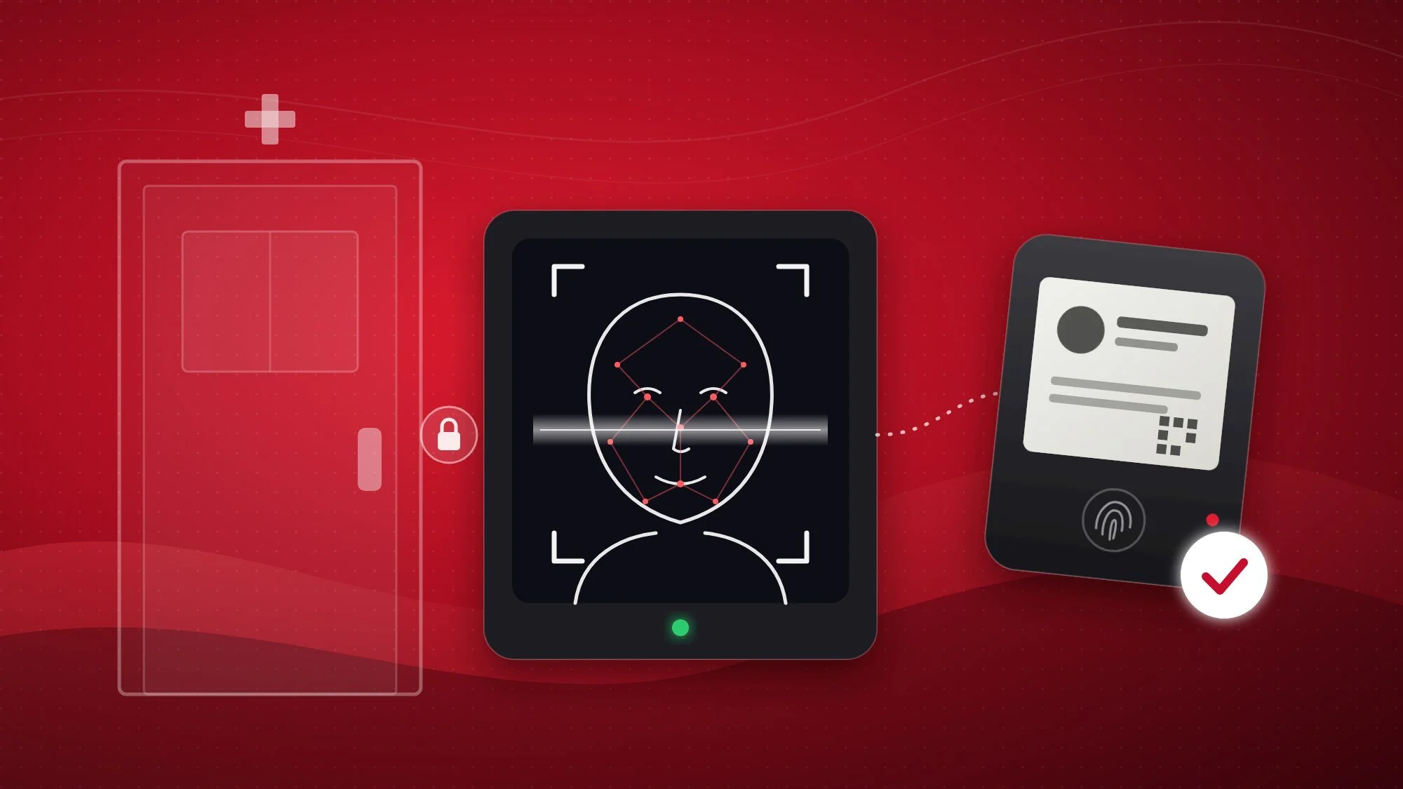 Illustration: a face-verification reader beside a hospital ward door, paired with a wearable badge as the second factor