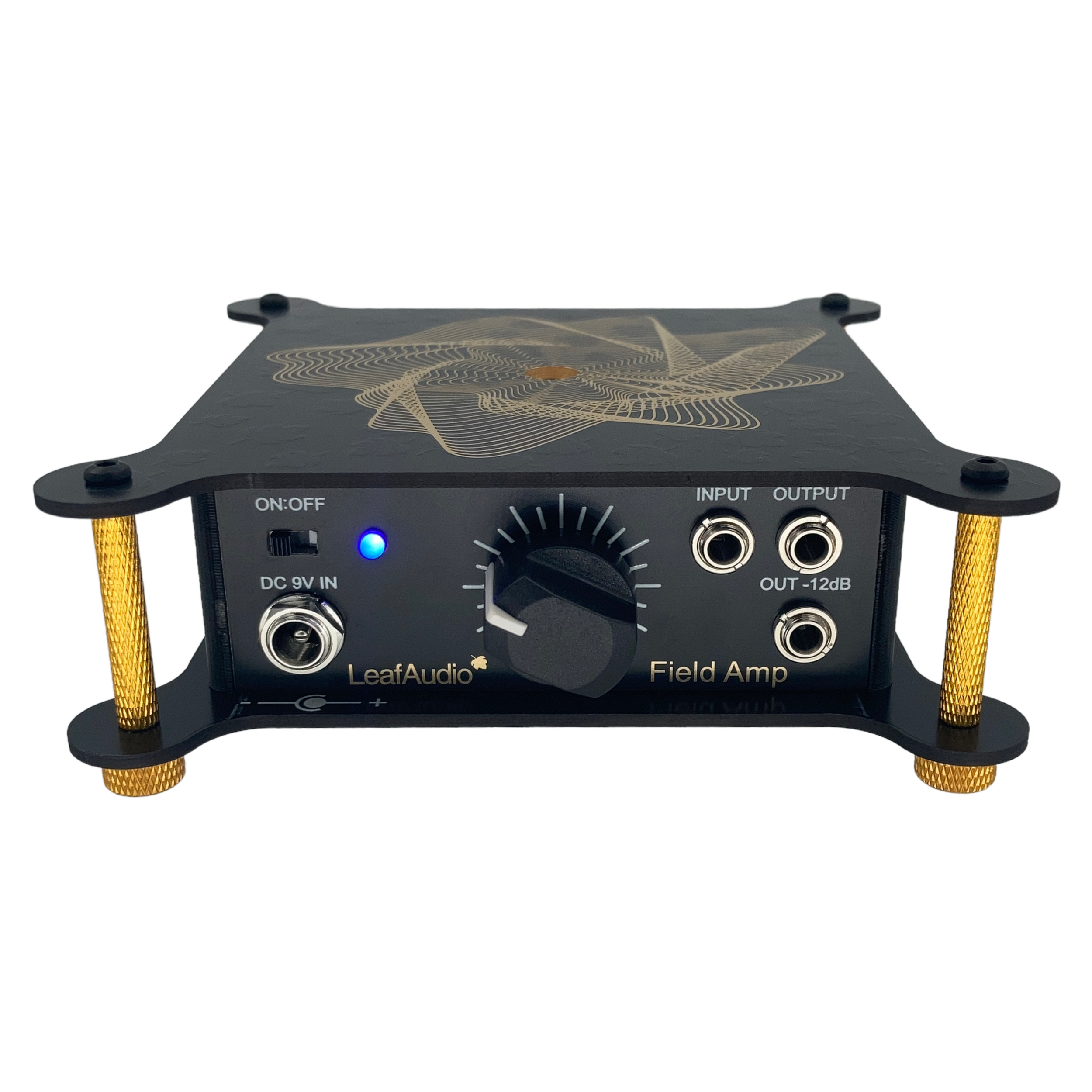 LeafAudio Field Amp with black casing, gold screws and a decorative top. It has a power switch, a blue LED indicator.