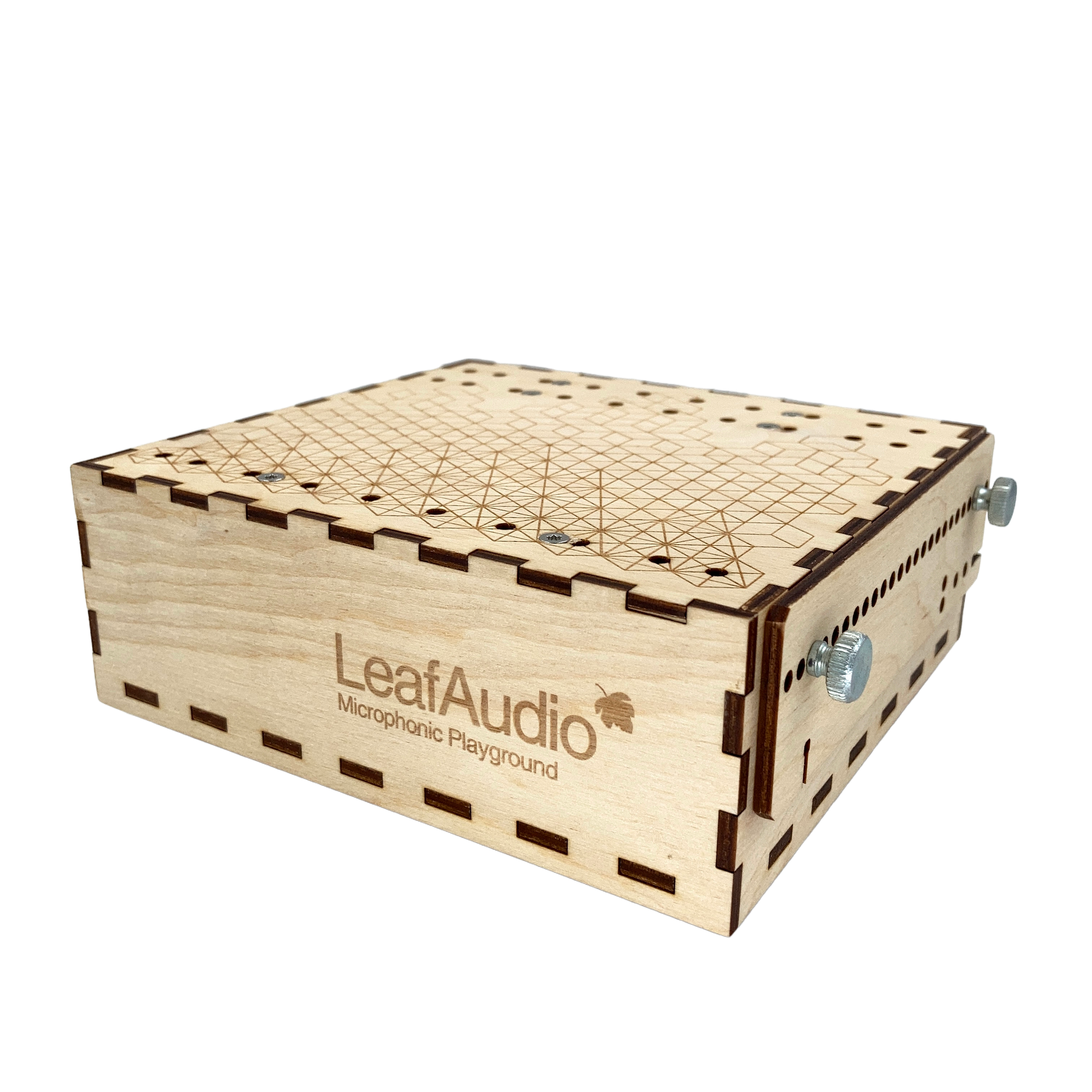 Leaf Audio Microphonic Playground with a laser-engraved geometric pattern on the top surface and adjustable metal knobs on the side.