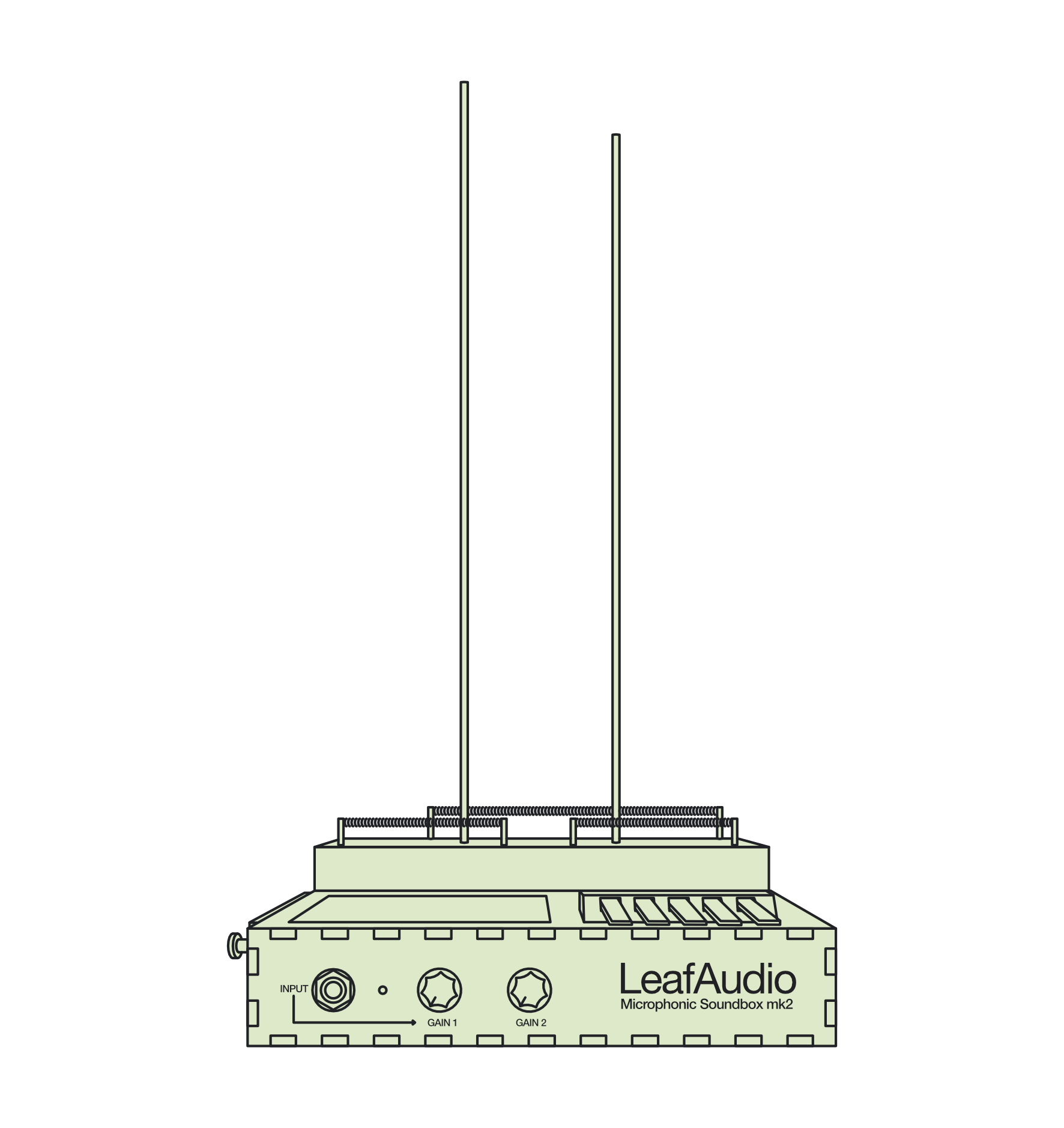 Illustrated front view of the LeafAudio Microphonic Soundbox mk2.