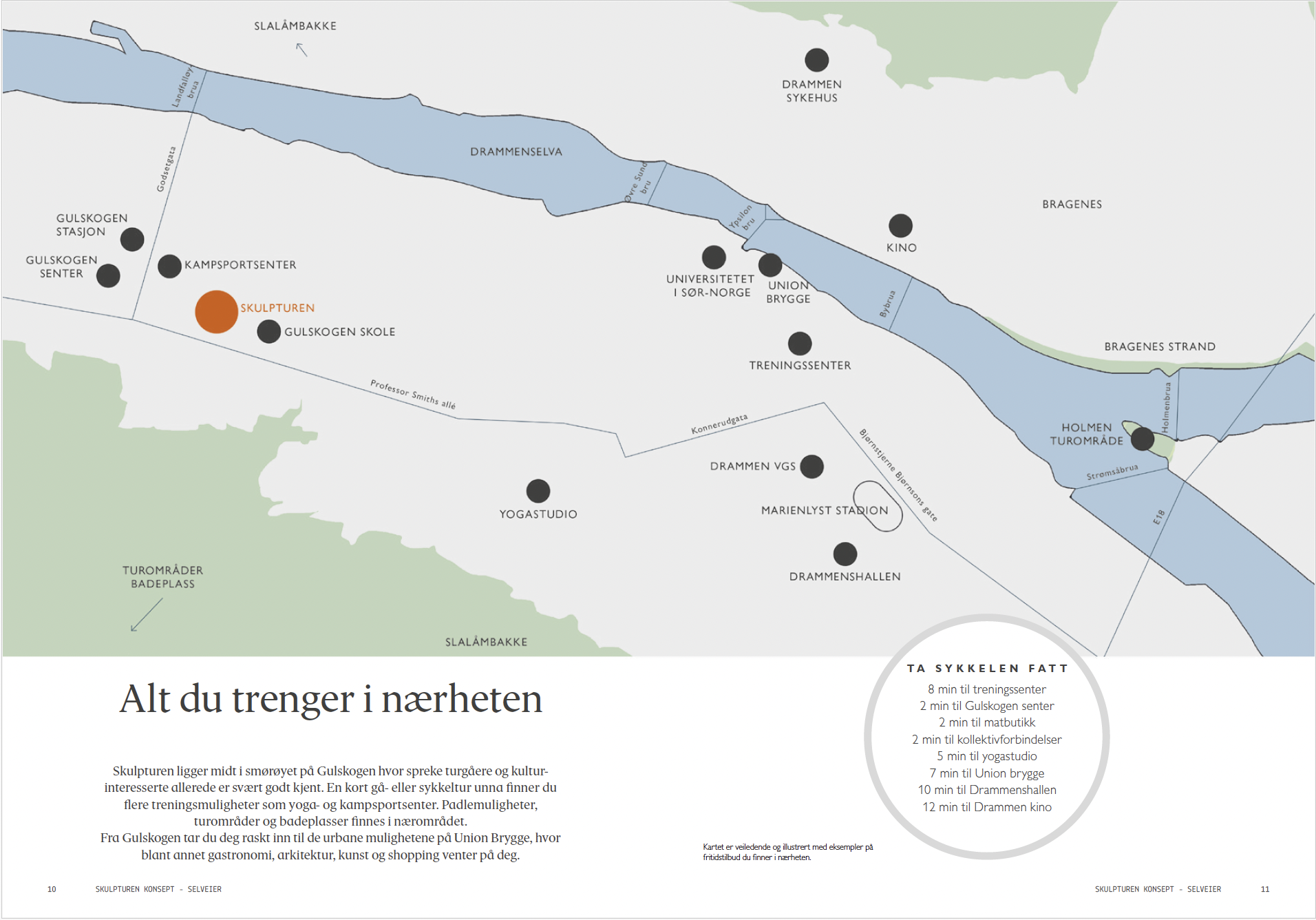 Kart over Gulskogen i Drammen med ulike lokaliteter og tilbud, inkludert skulpturen, treningssenter, kino og universitetsområder.