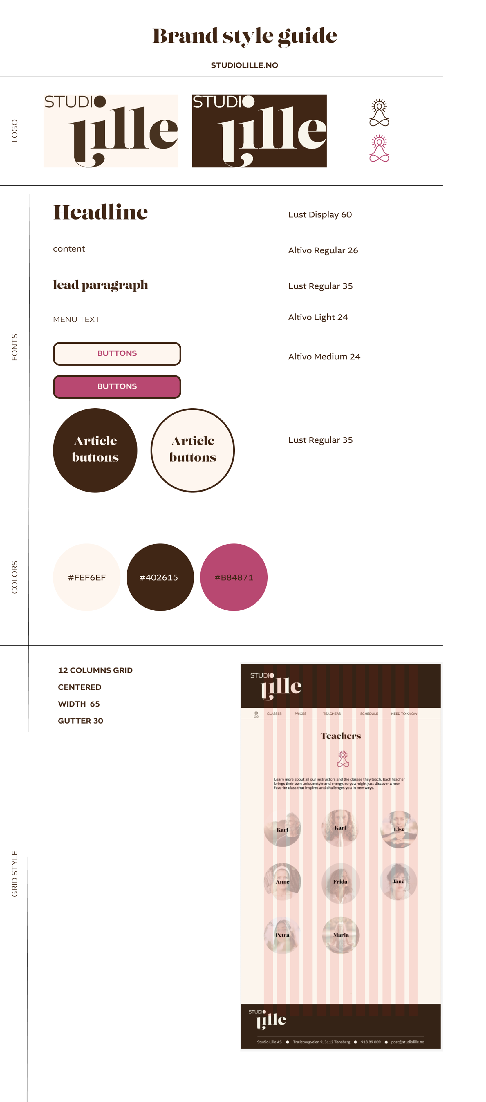 En brandstilguide for Studio Lille med logoer, overskrifter, teksteksempler, knappestil, fargeskjema, samt et eksempel på en ansattoversikt med bilder og navn.