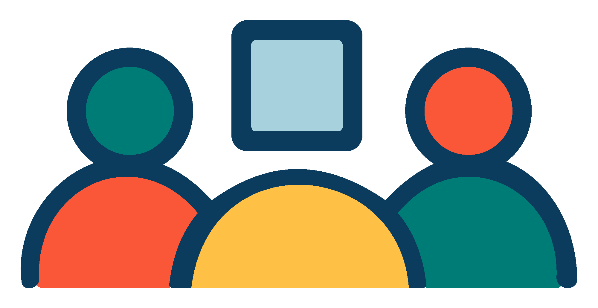 This Square Peg, logo iconography of 3 people, the person in the centre has a square head while the two either side have round heads.
