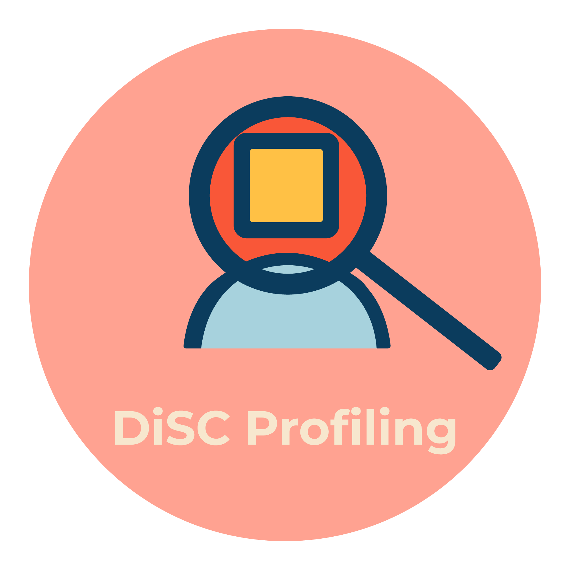 This Square Peg branded icon for,  depicting a person with a magnifying glass focusing on a person, representing disc profiling, on a pink background.