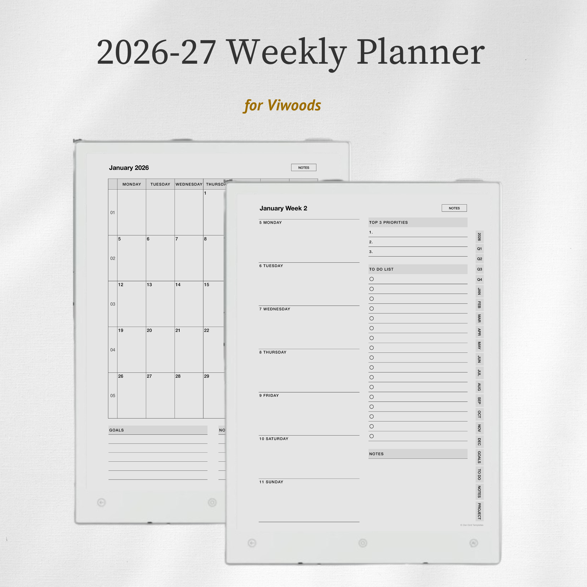 2026 + 2027 Weekly Planner Template for Viwoods