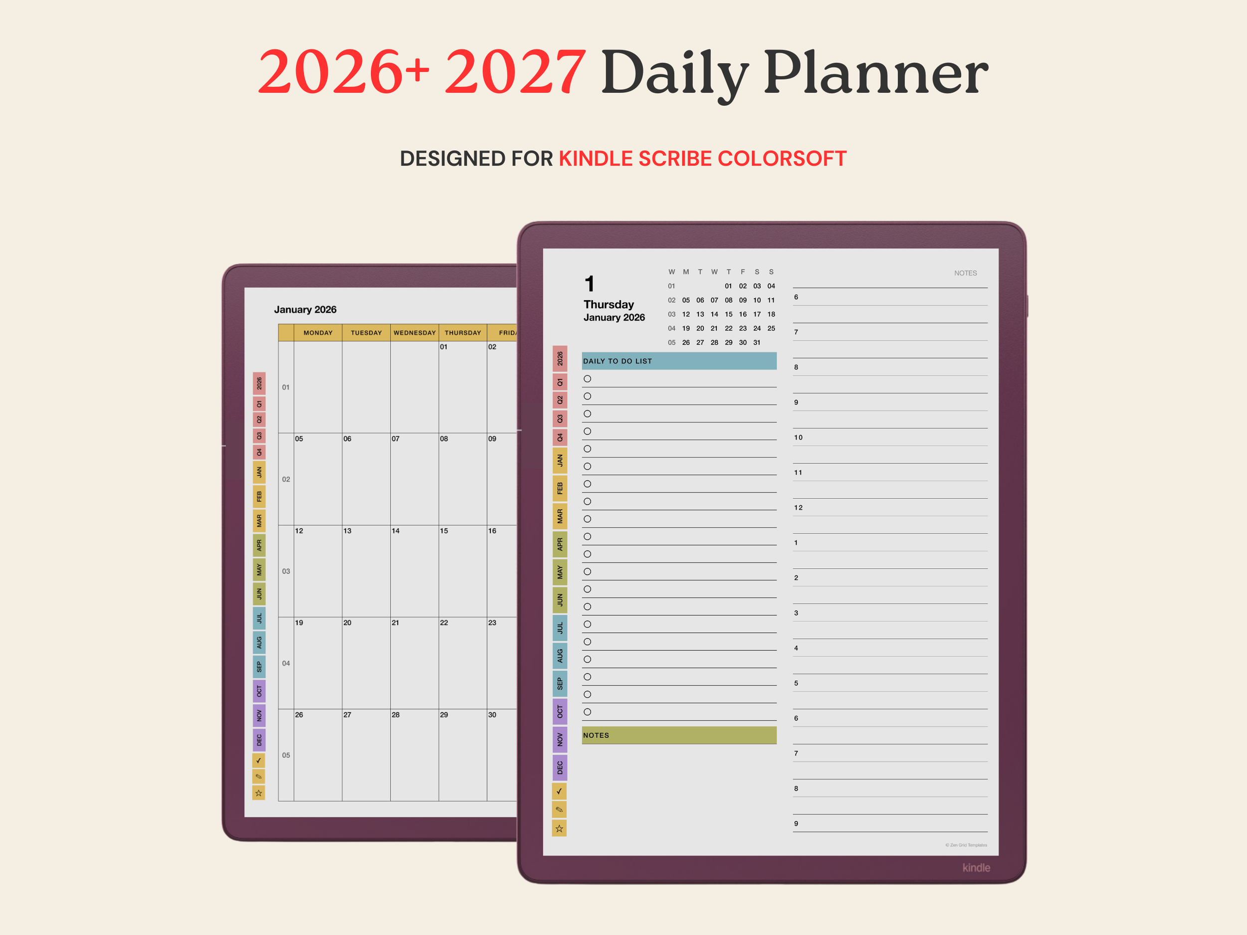 2026 + 2027 Daily Planner for Kindle Scribe Colorsoft