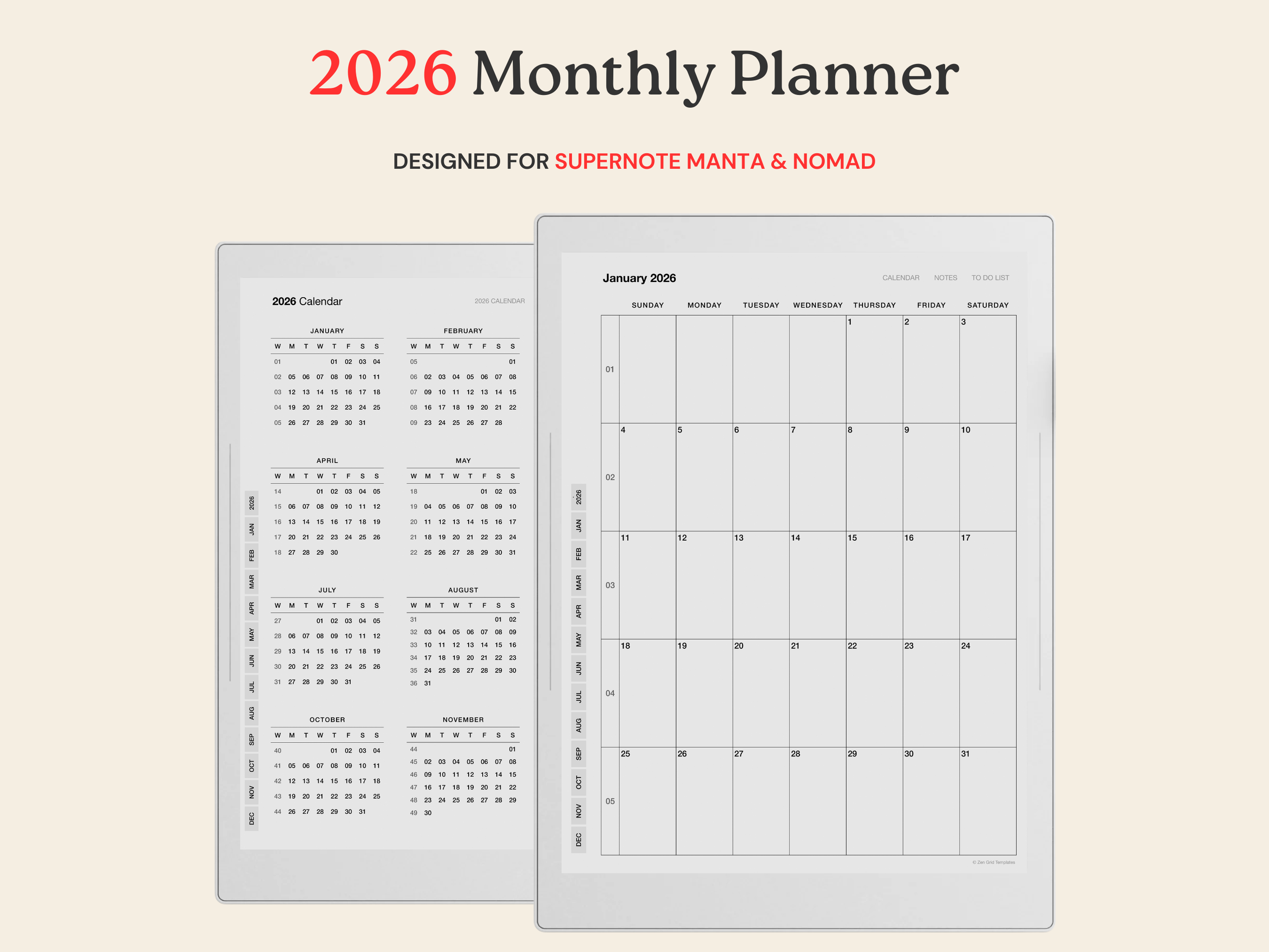 2026 Monthly Calendar for Supernote Manta A5X & Nomad A6X
