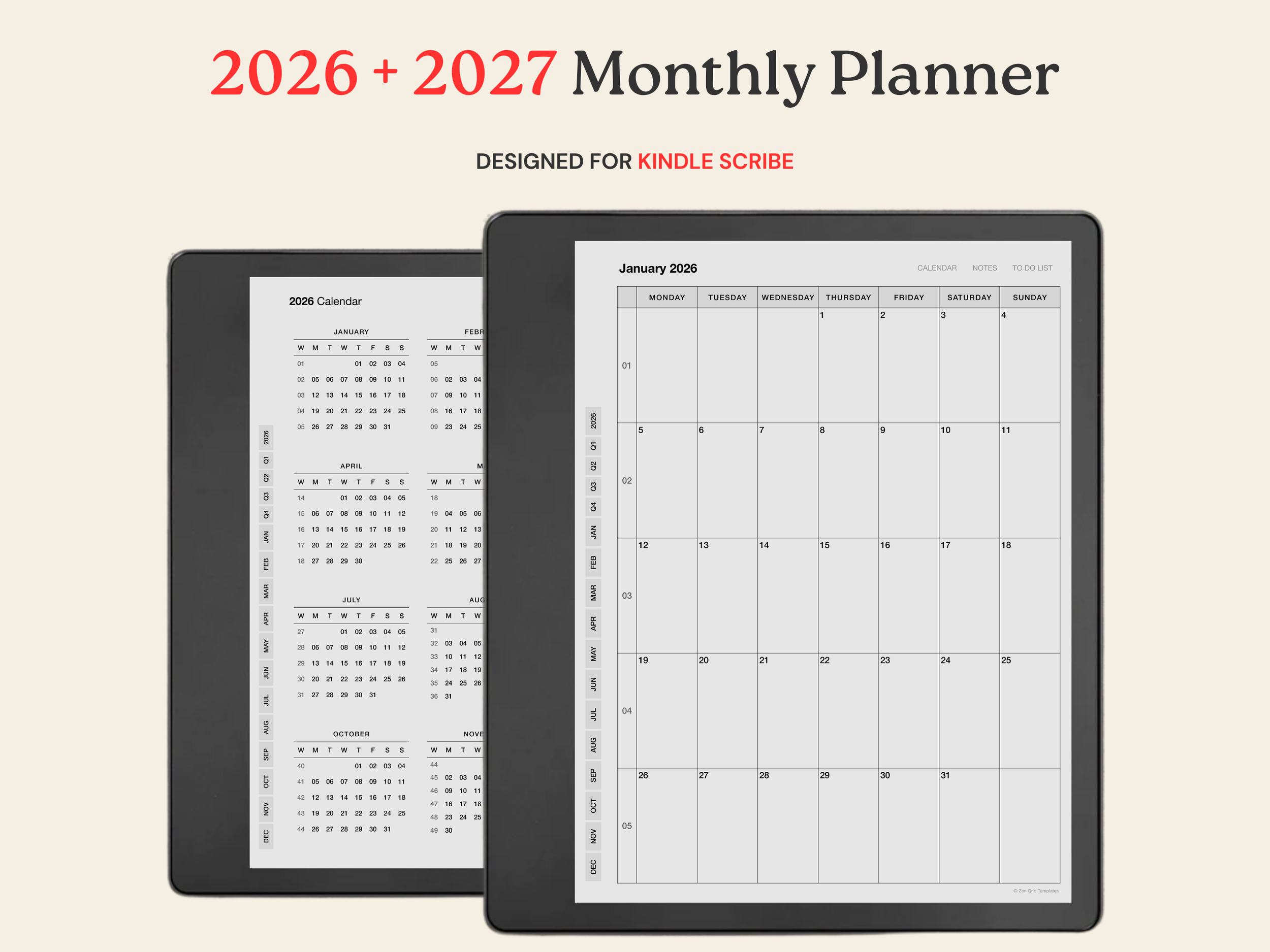 2026 + 2027 Monthly Calendar for Kindle Scribe
