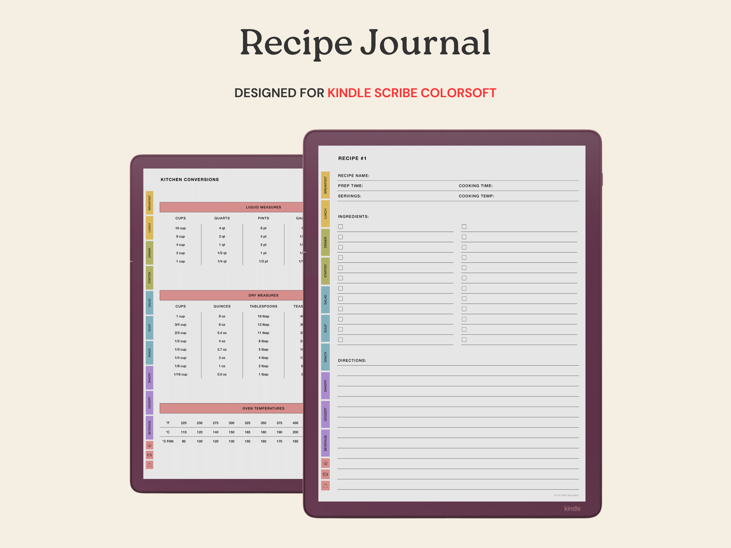 Recipe Planner for Kindle Scribe Colorsoft