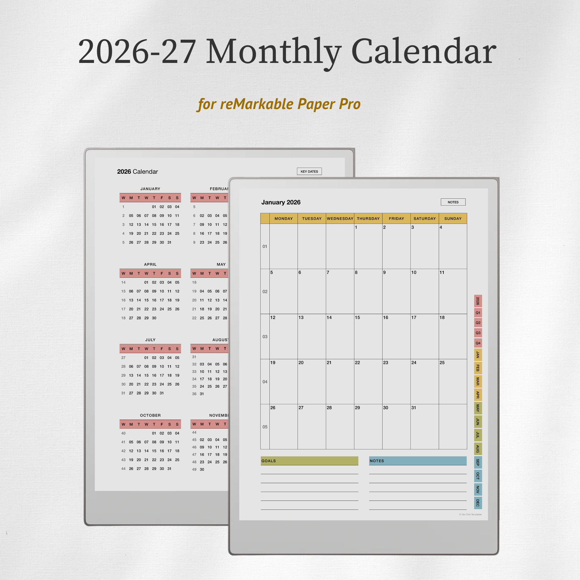 2026 + 2027 Monthly Calendar for reMarkable Paper Pro