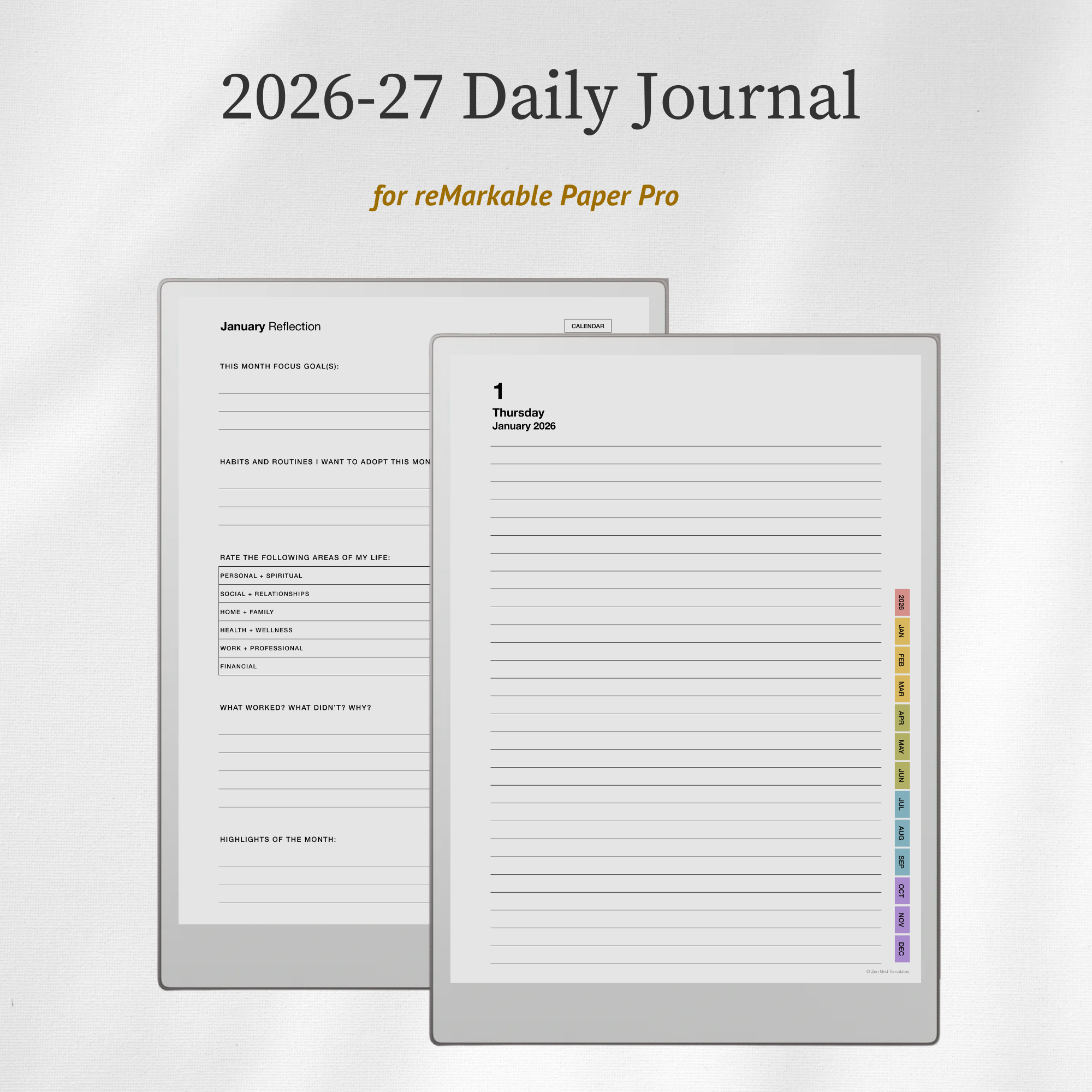 2026 + 2027 Daily Journal Template for reMarkable Paper Pro