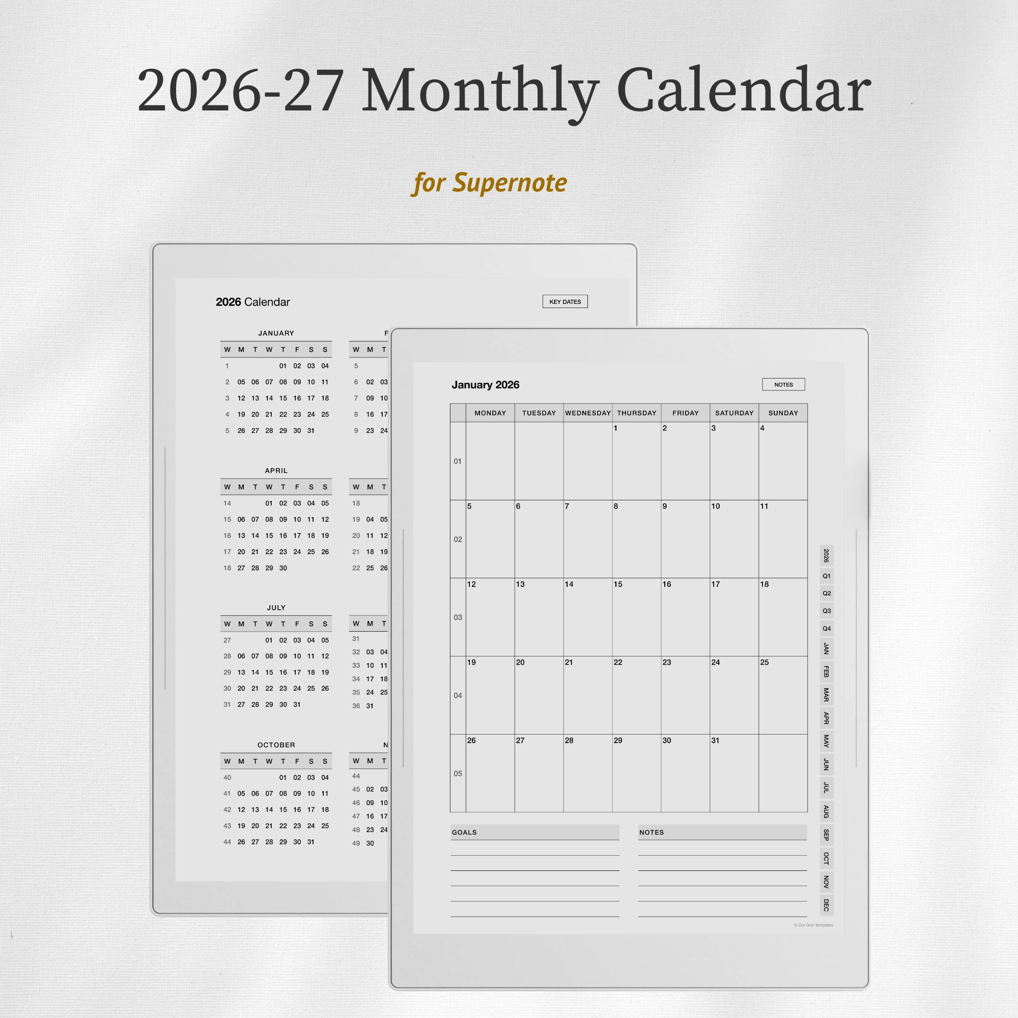 2026 + 2027 Monthly Calendar for Supernote