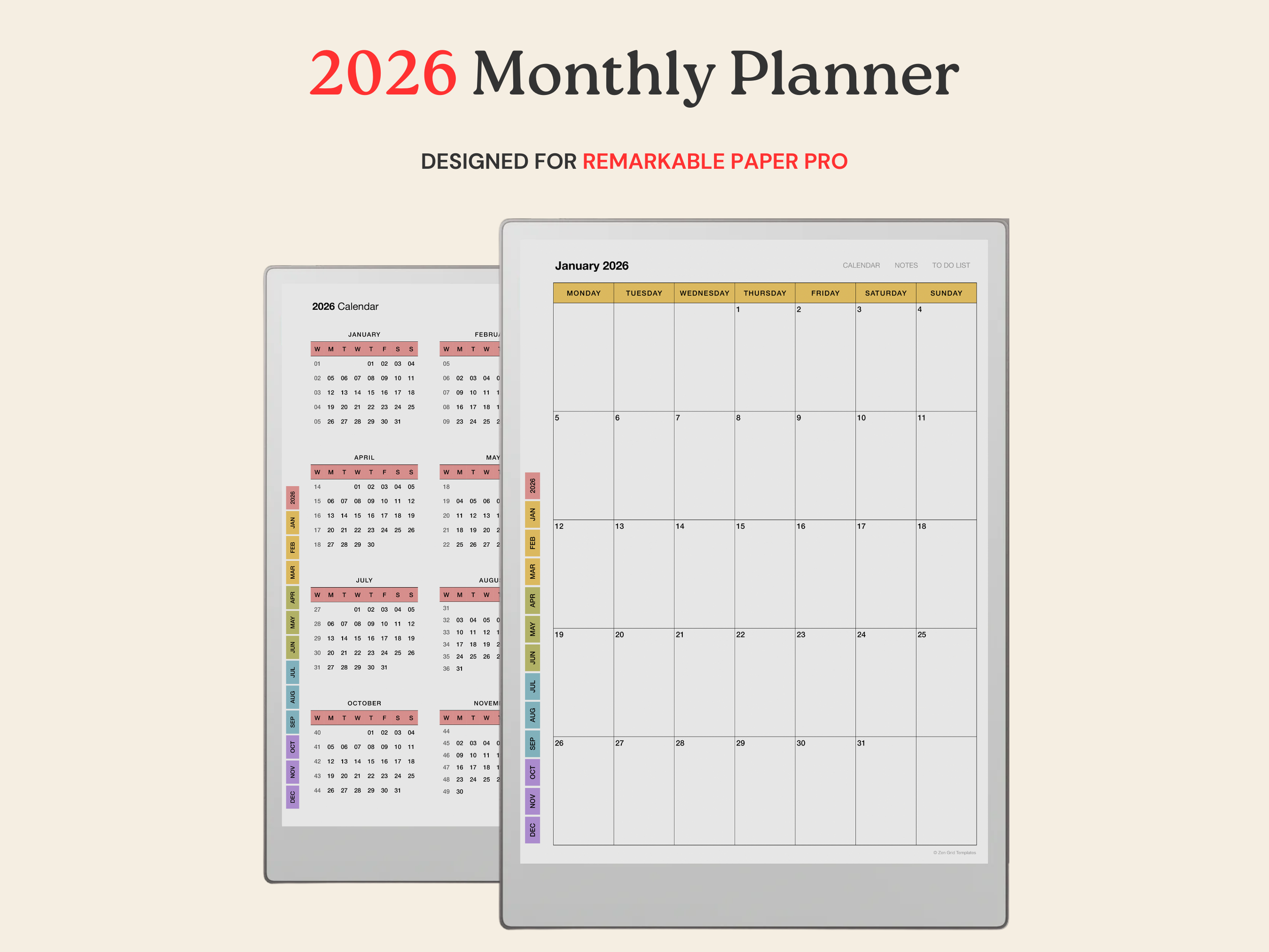 2026 Monthly Calendar for reMarkable Paper Pro