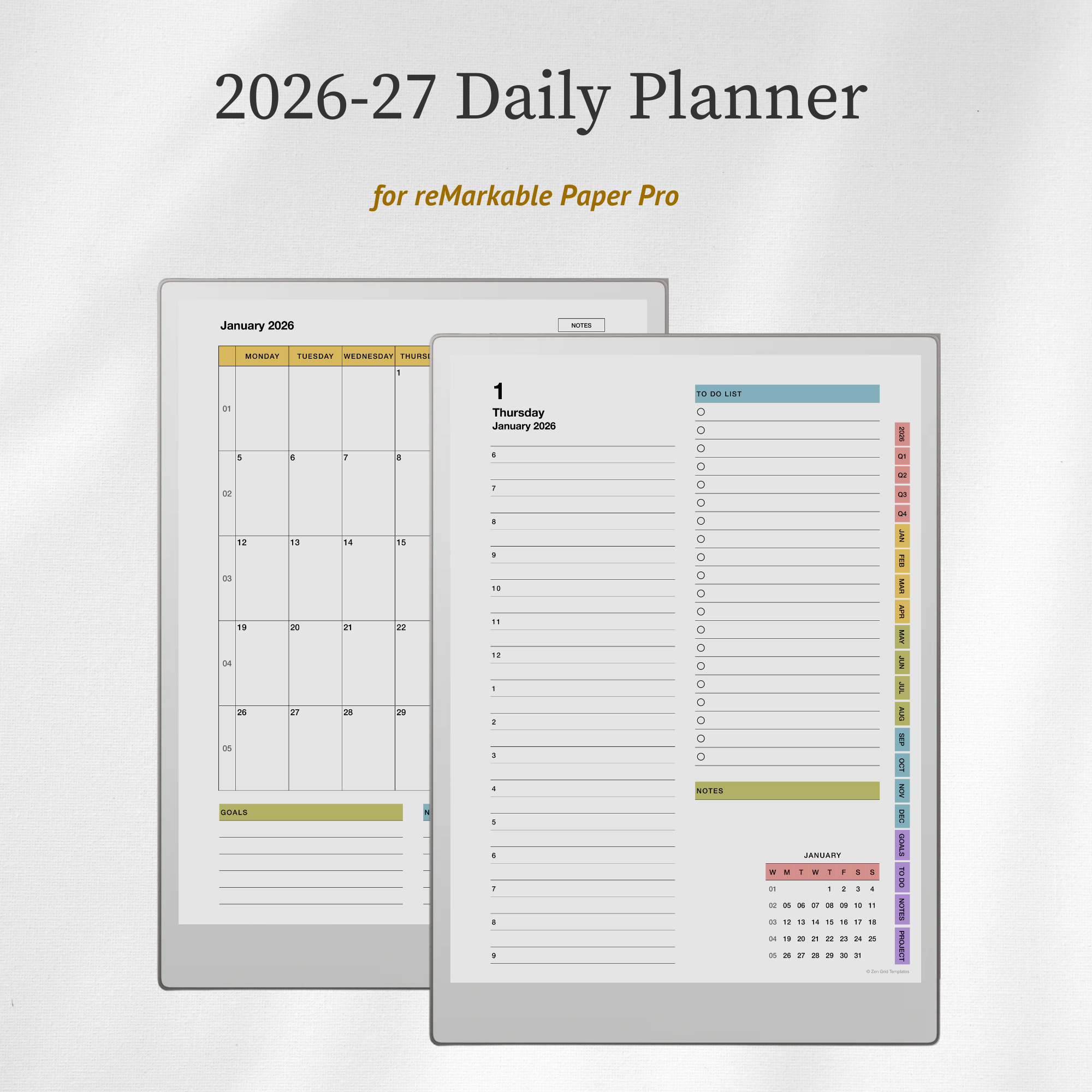 2026 + 2027 Daily Planner Template for reMarkable Paper Pro