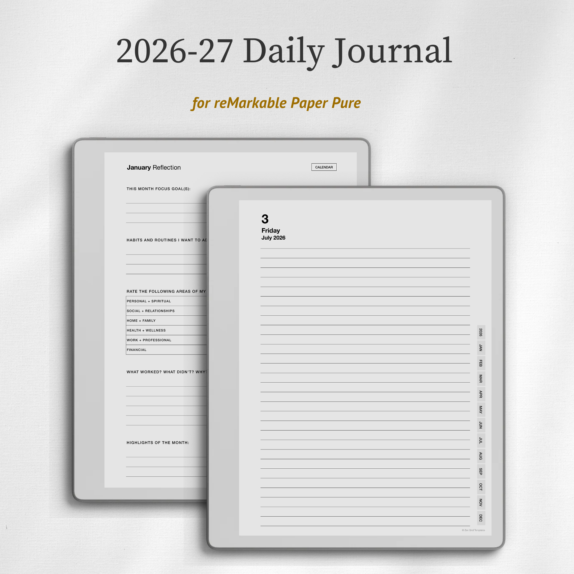 2026 + 2027 Daily Journal Template for reMarkable Pure