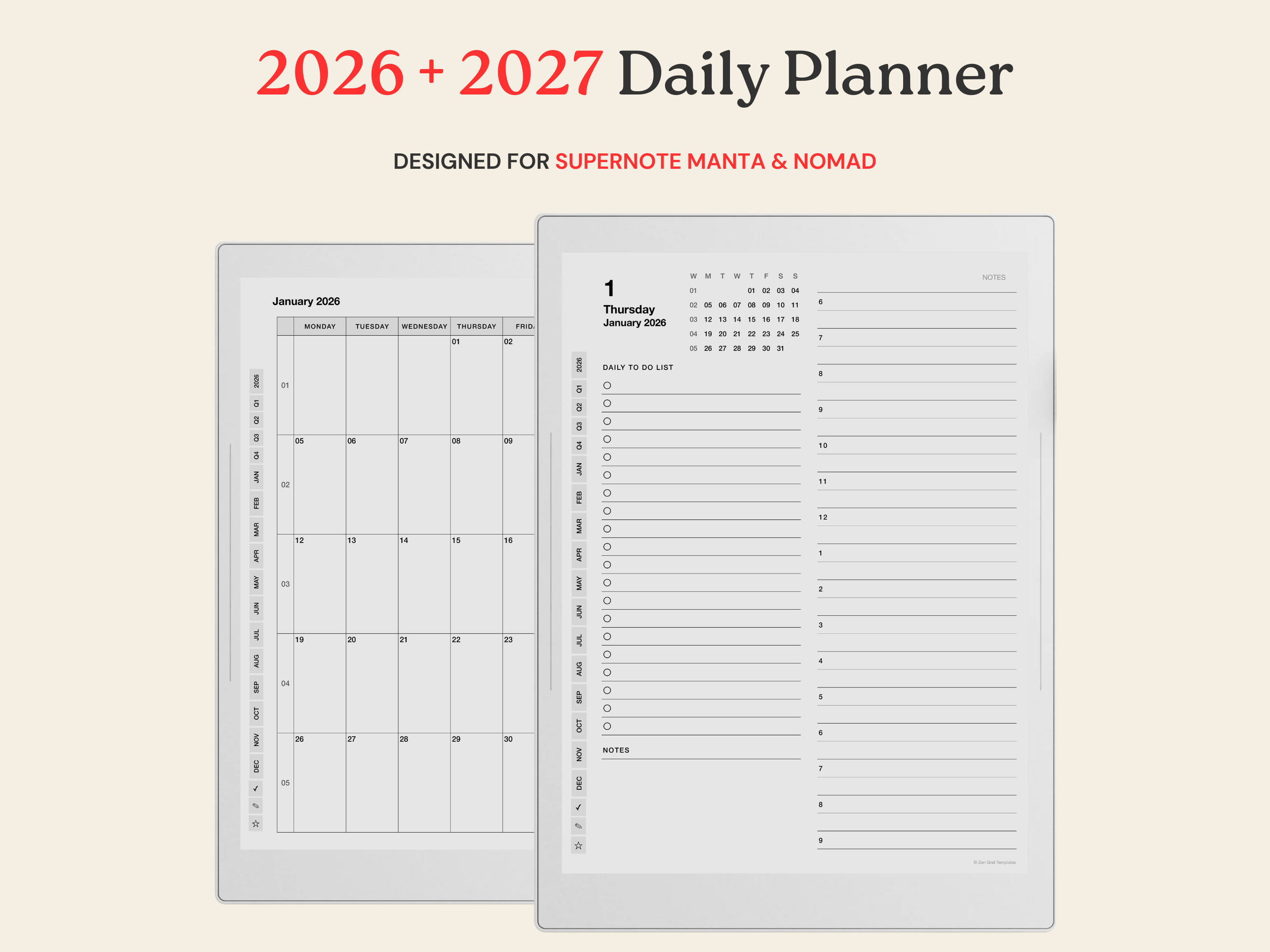 2026 + 2027 Daily Planner for Supernote Manta A5X & Nomad A6X