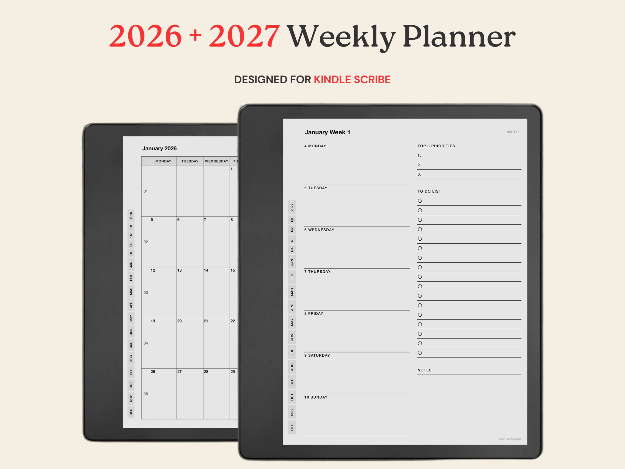2026 + 2027 Weekly Planner for Kindle Scribe