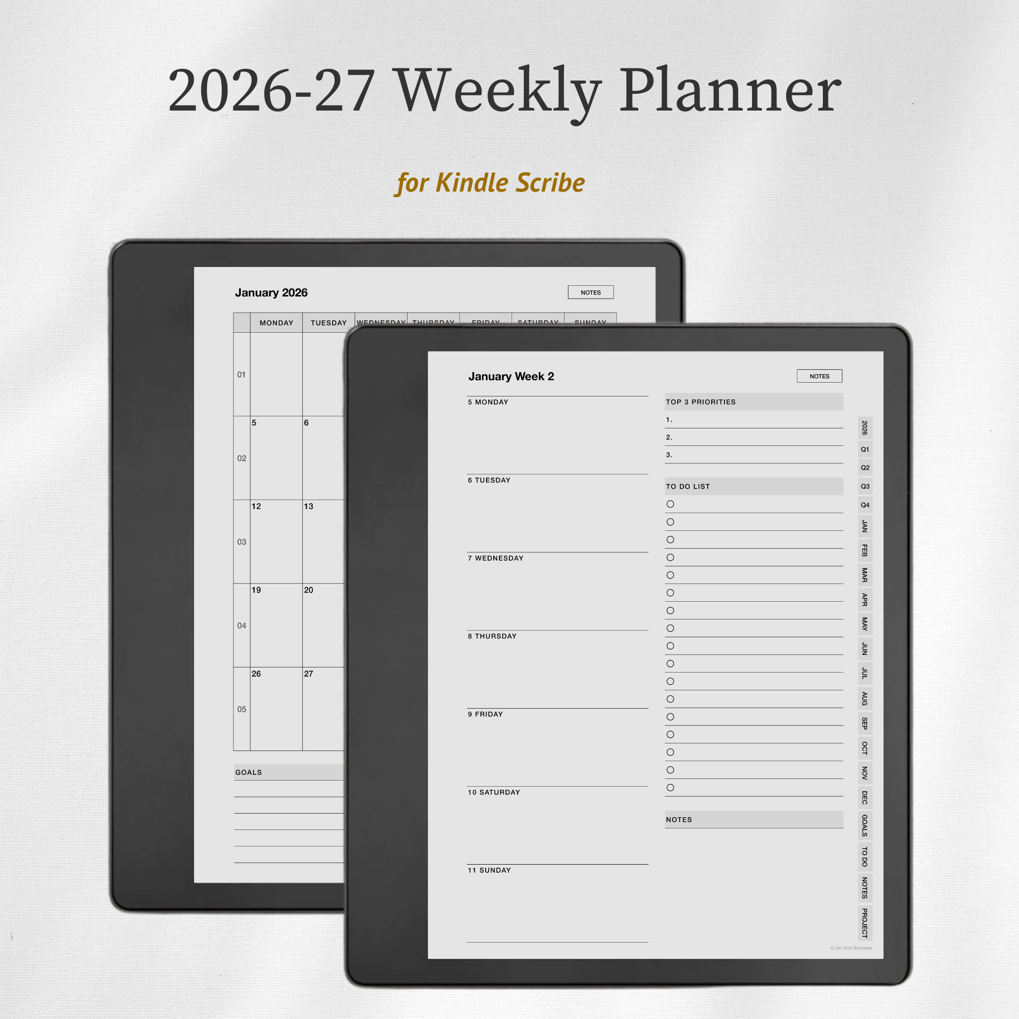 2026 + 2027 Weekly Planner Template for Kindle Scribe