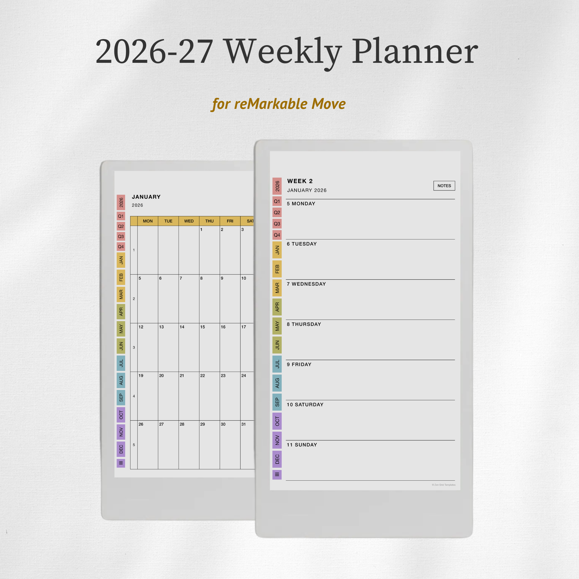 2026 + 2027 Weekly Planner Template for reMarkable Move