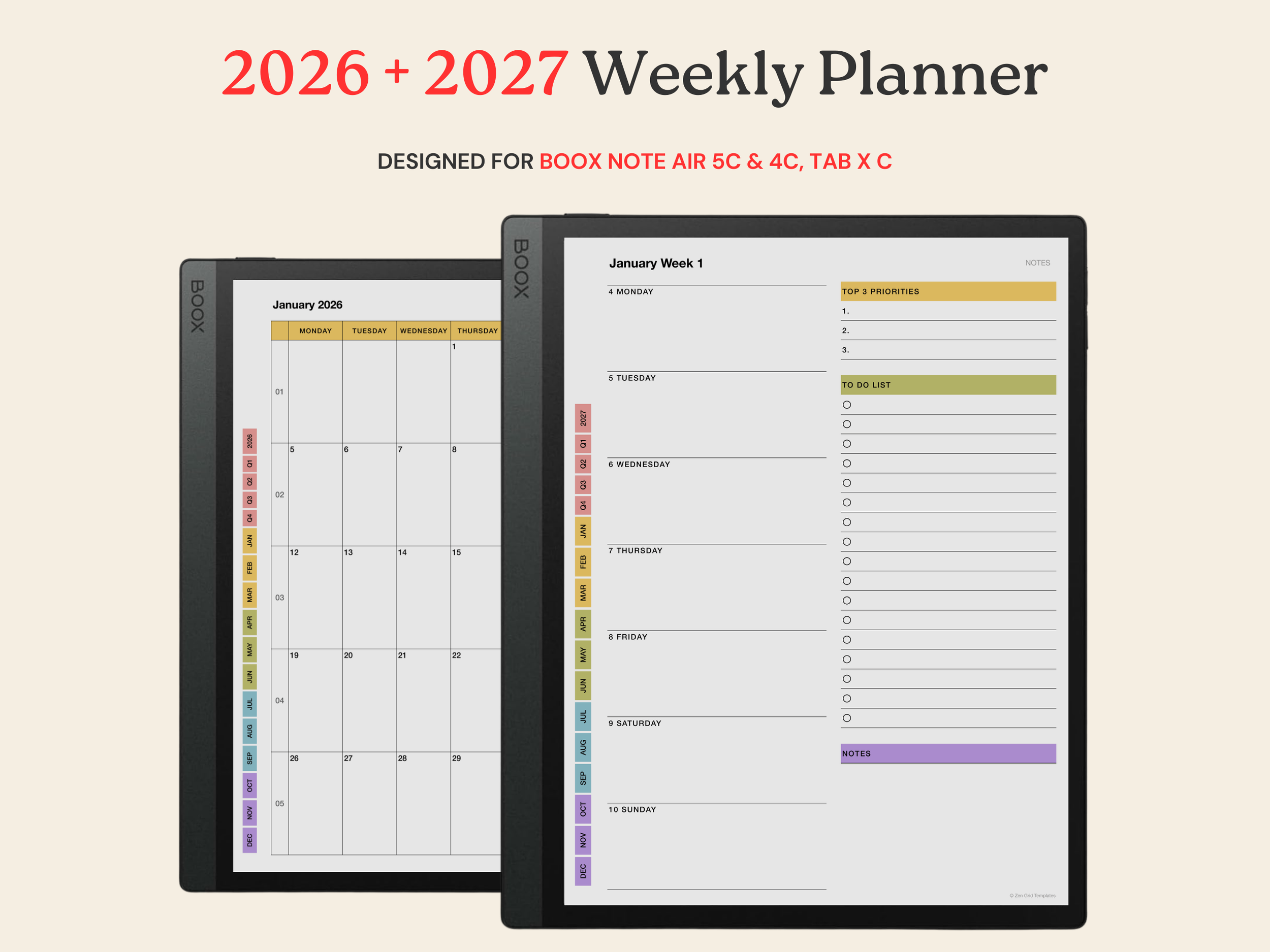 2026 + 2027 Weekly Planner for BOOX Note Air 5C, 4C & Tab X C