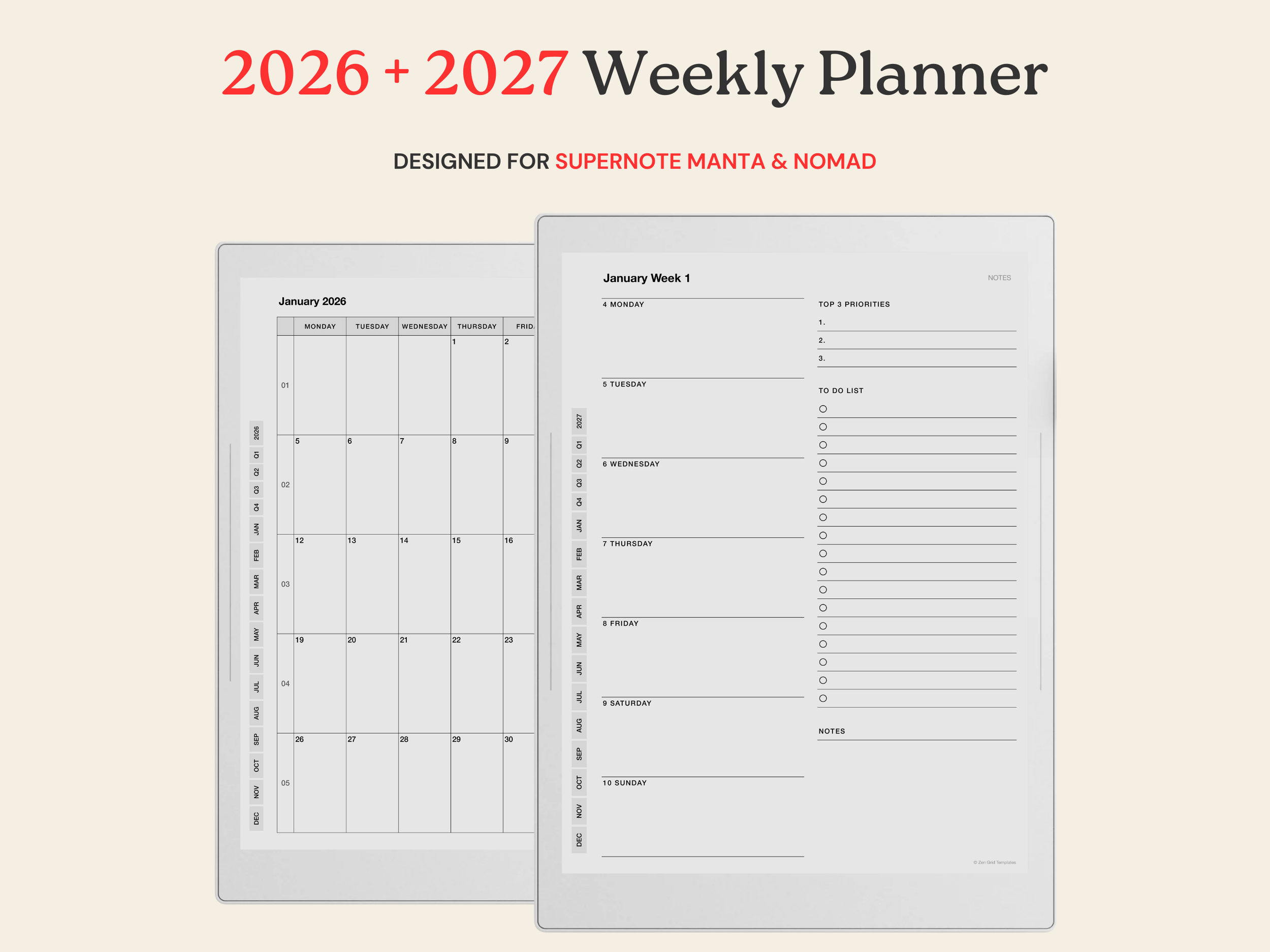 2026 + 2027 Weekly Planner for Supernote Manta A5X & Nomad A6X