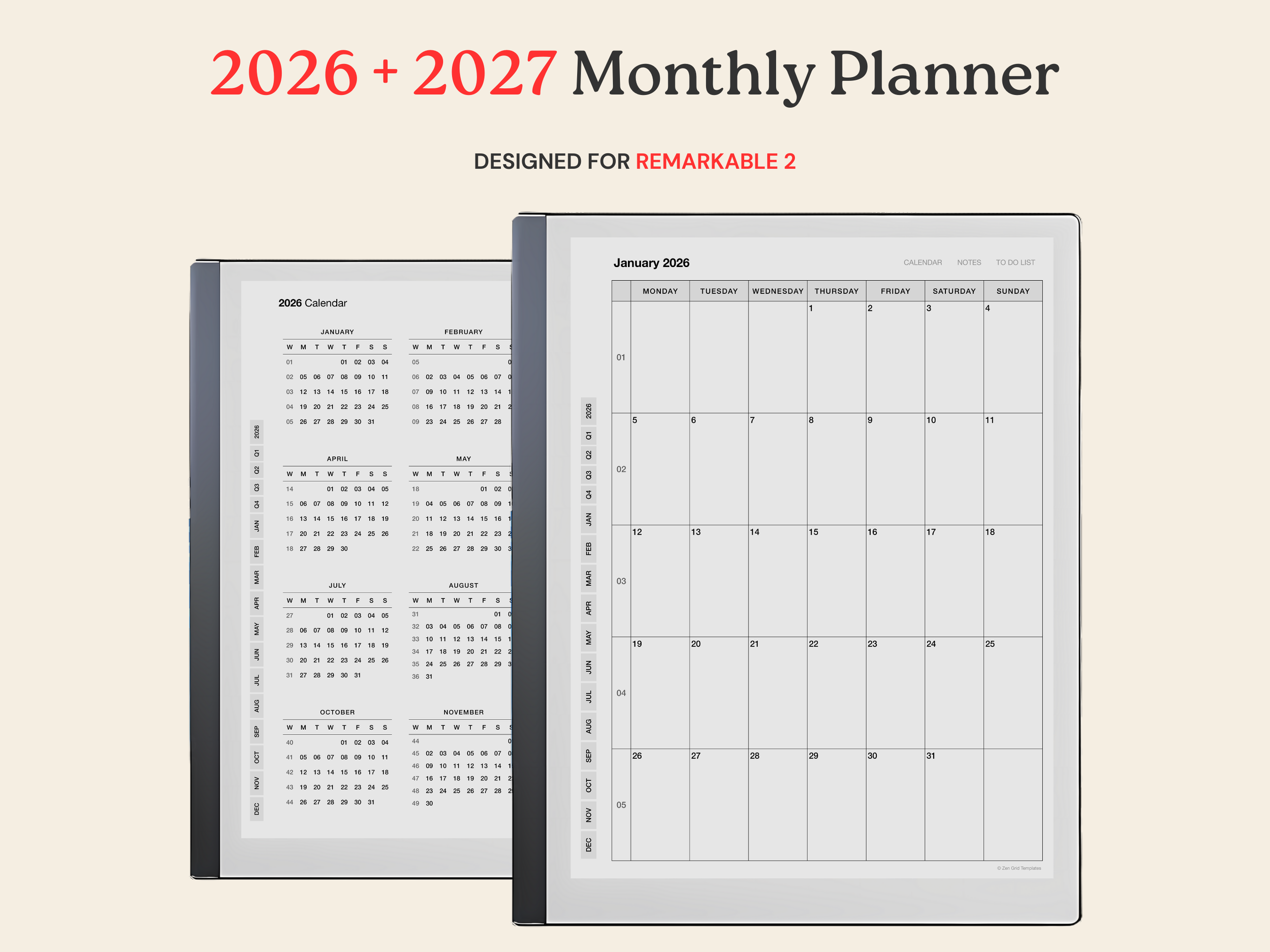 2026 + 2027 Monthly Calendar for reMarkable 2