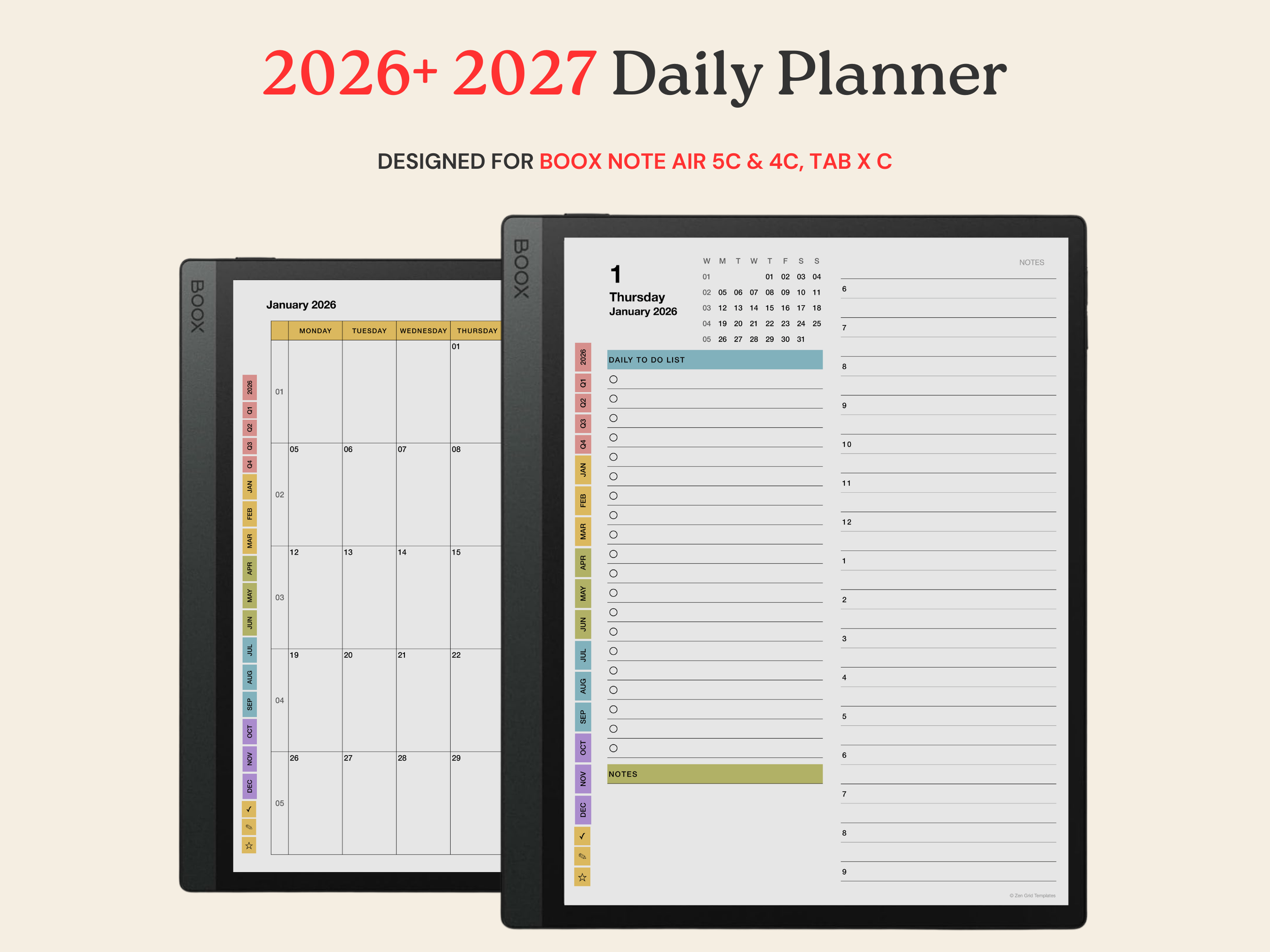2026 + 2027 Daily Planner for BOOX Note Air 5C, 4C & Tab X C