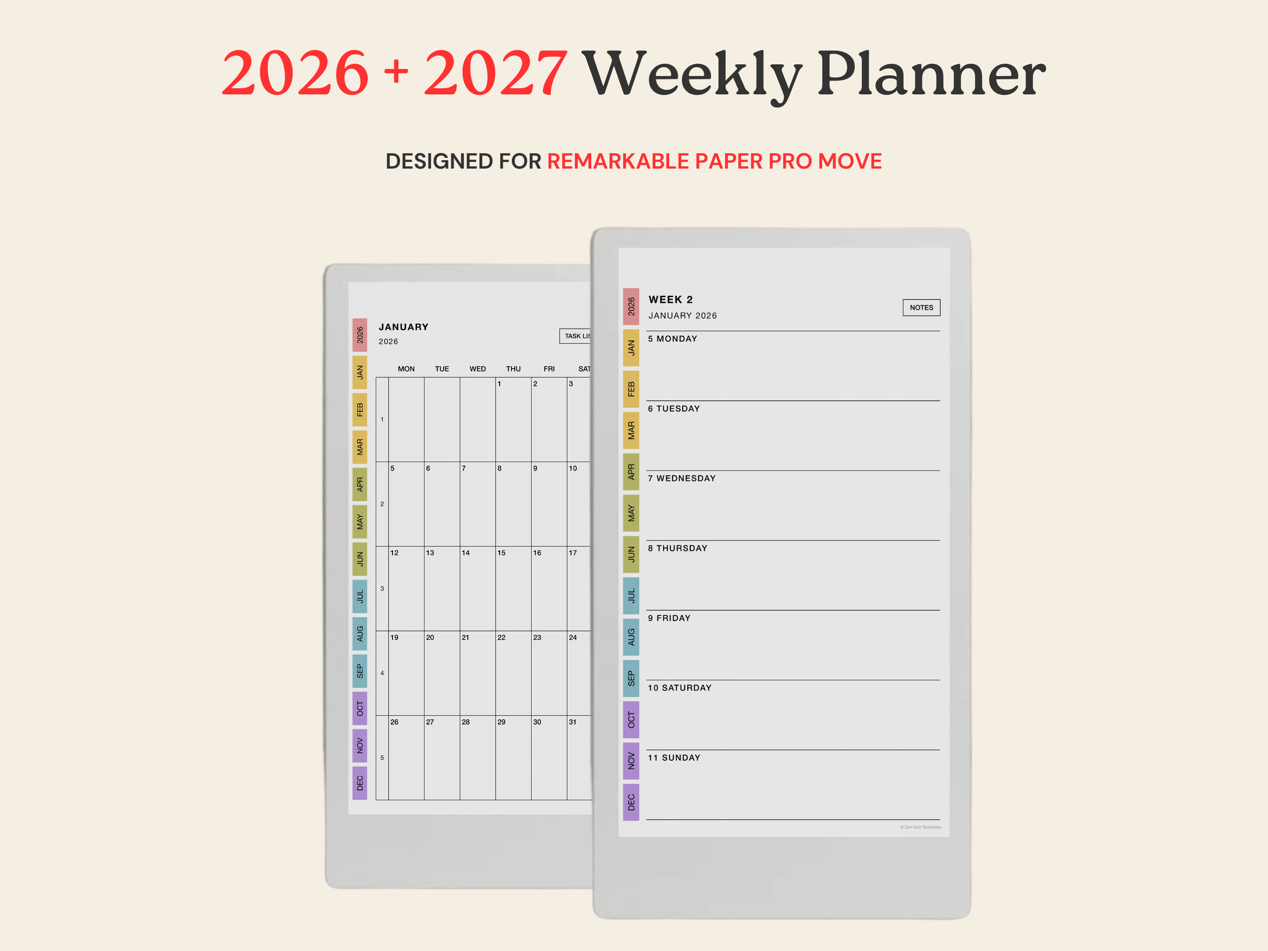 2026 + 2027 Weekly Planner for reMarkable Paper Pro Move