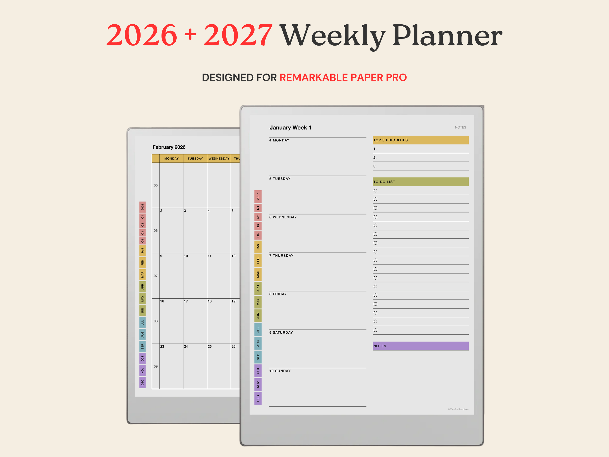 2026 + 2027 Weekly Planner for reMarkable Paper Pro