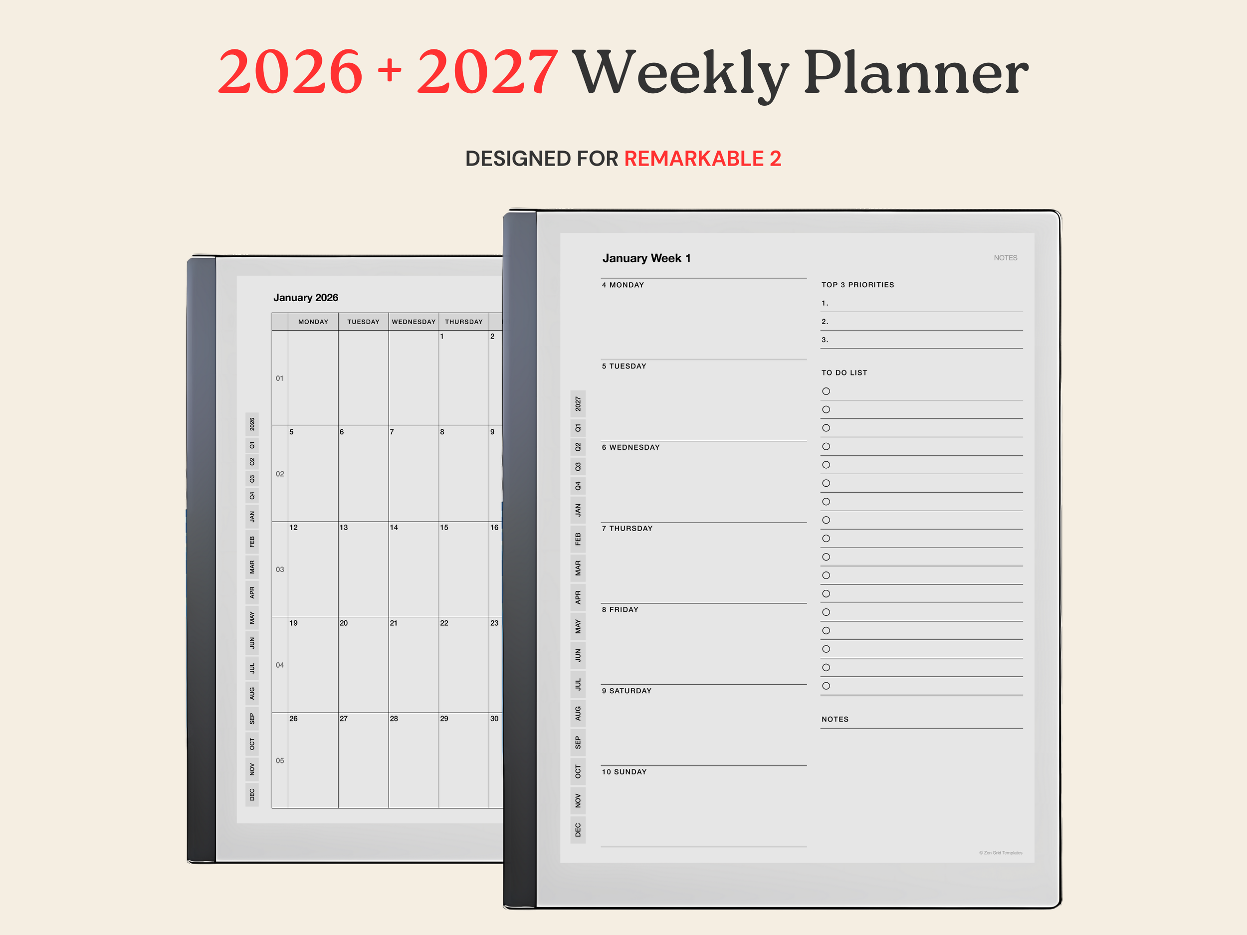 2026 + 2027 Weekly Planner Template for reMarkable 2