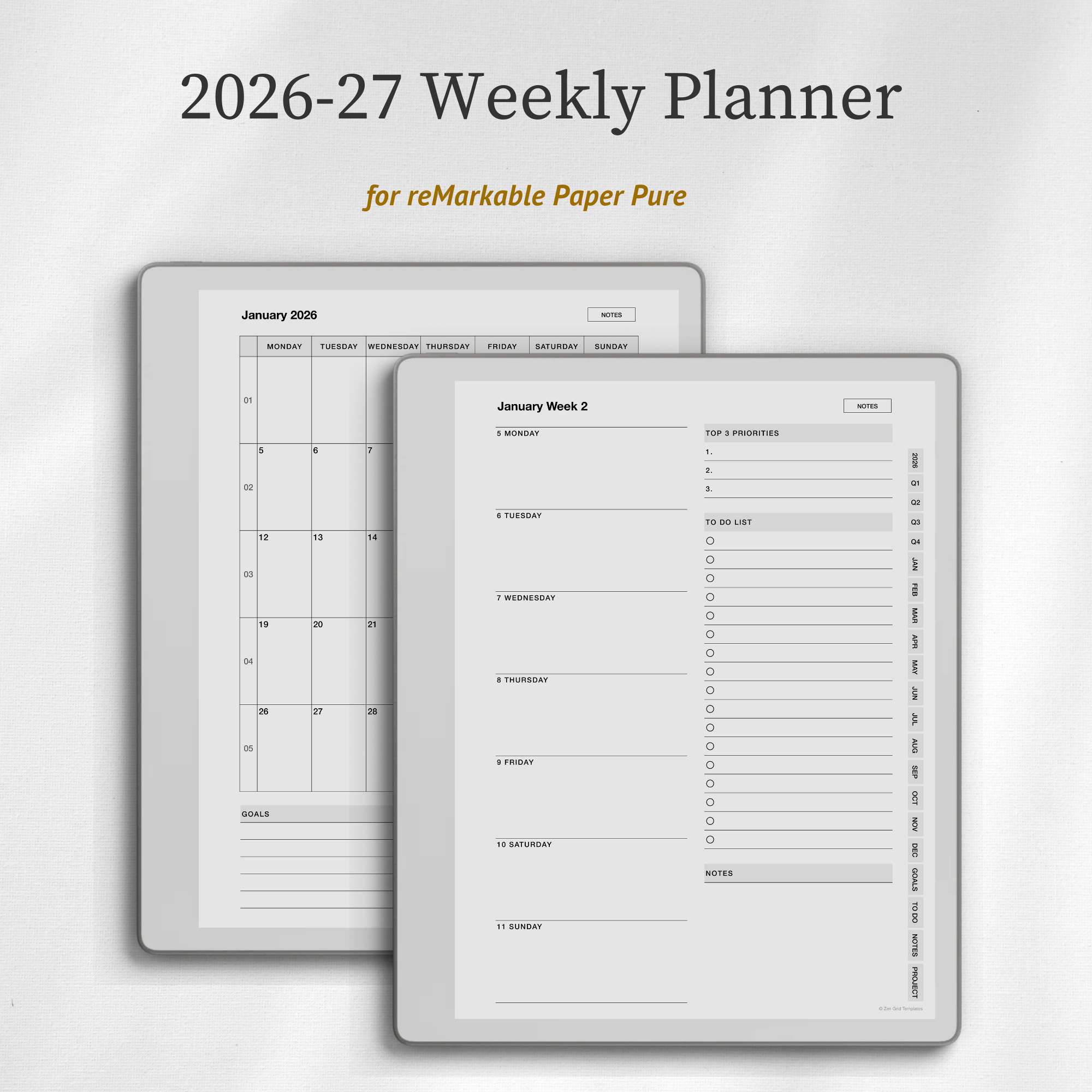 2026 + 2027 Weekly Planner Template for reMarkable Pure