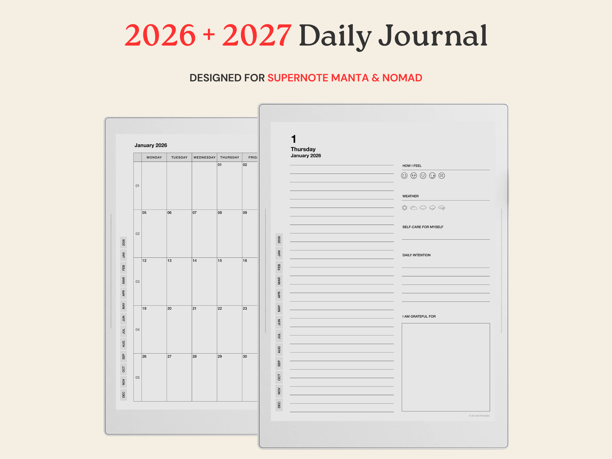 2026 + 2027 Daily Journal for Supernote Manta A5X & Nomad A6X