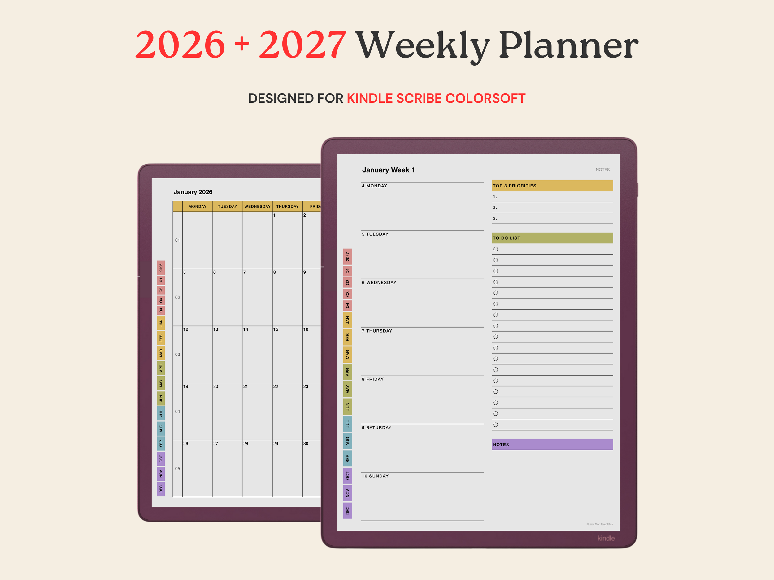 2026 + 2027 Weekly Planner for Kindle Scribe Colorsoft