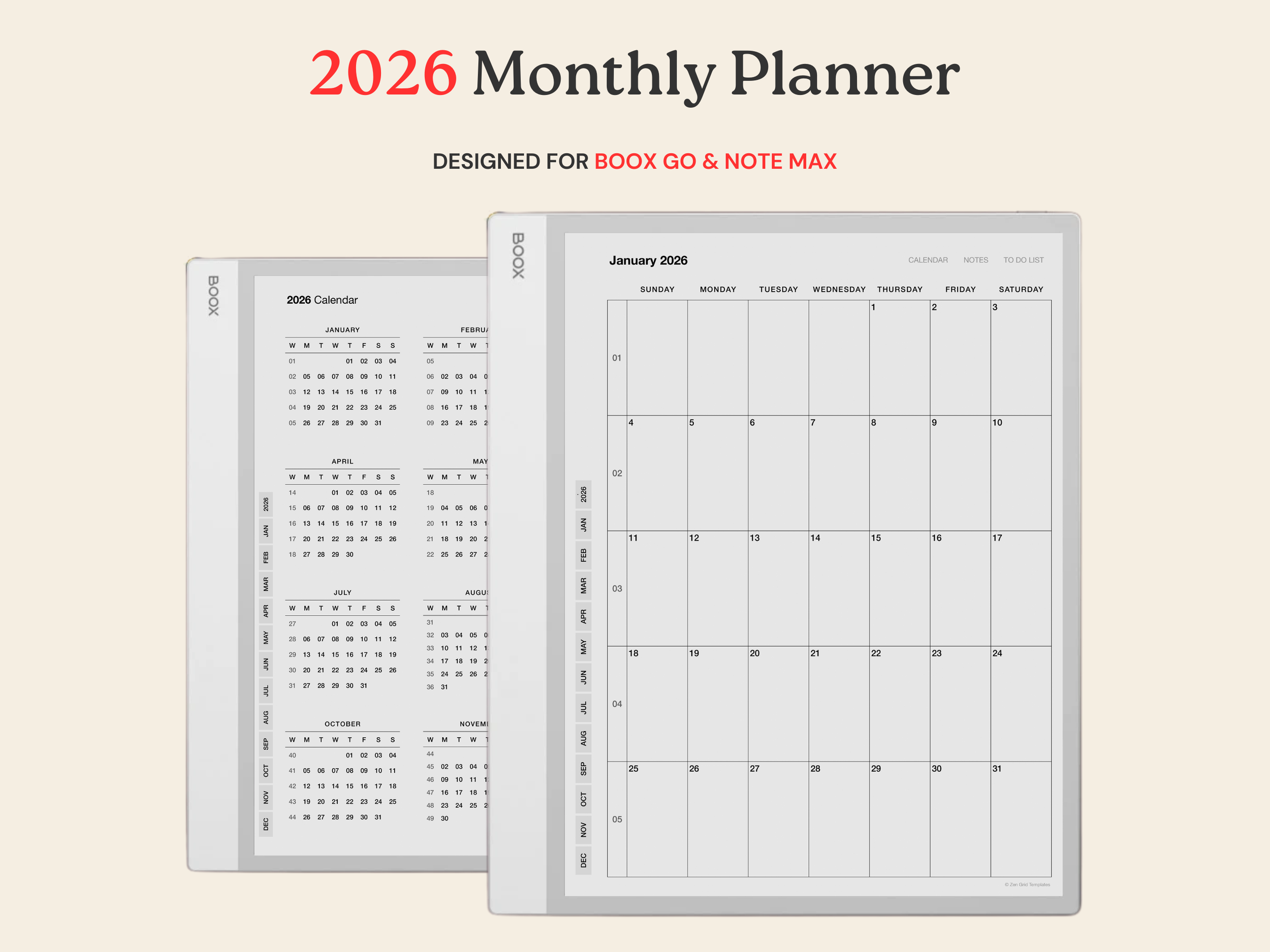 2026 Monthly Calendar for BOOX Note Max & Go 10.3