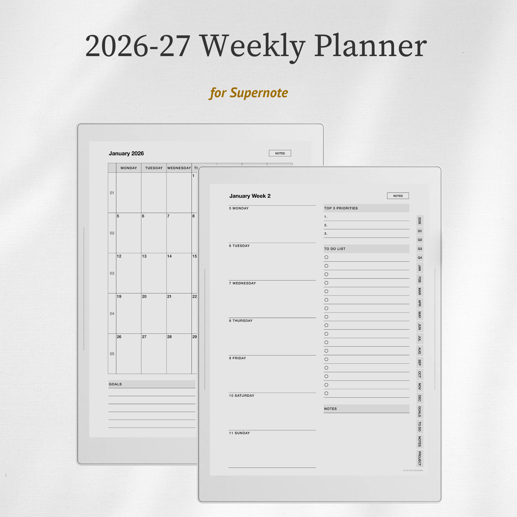 2026 + 2027 Weekly Planner Template for Supernote