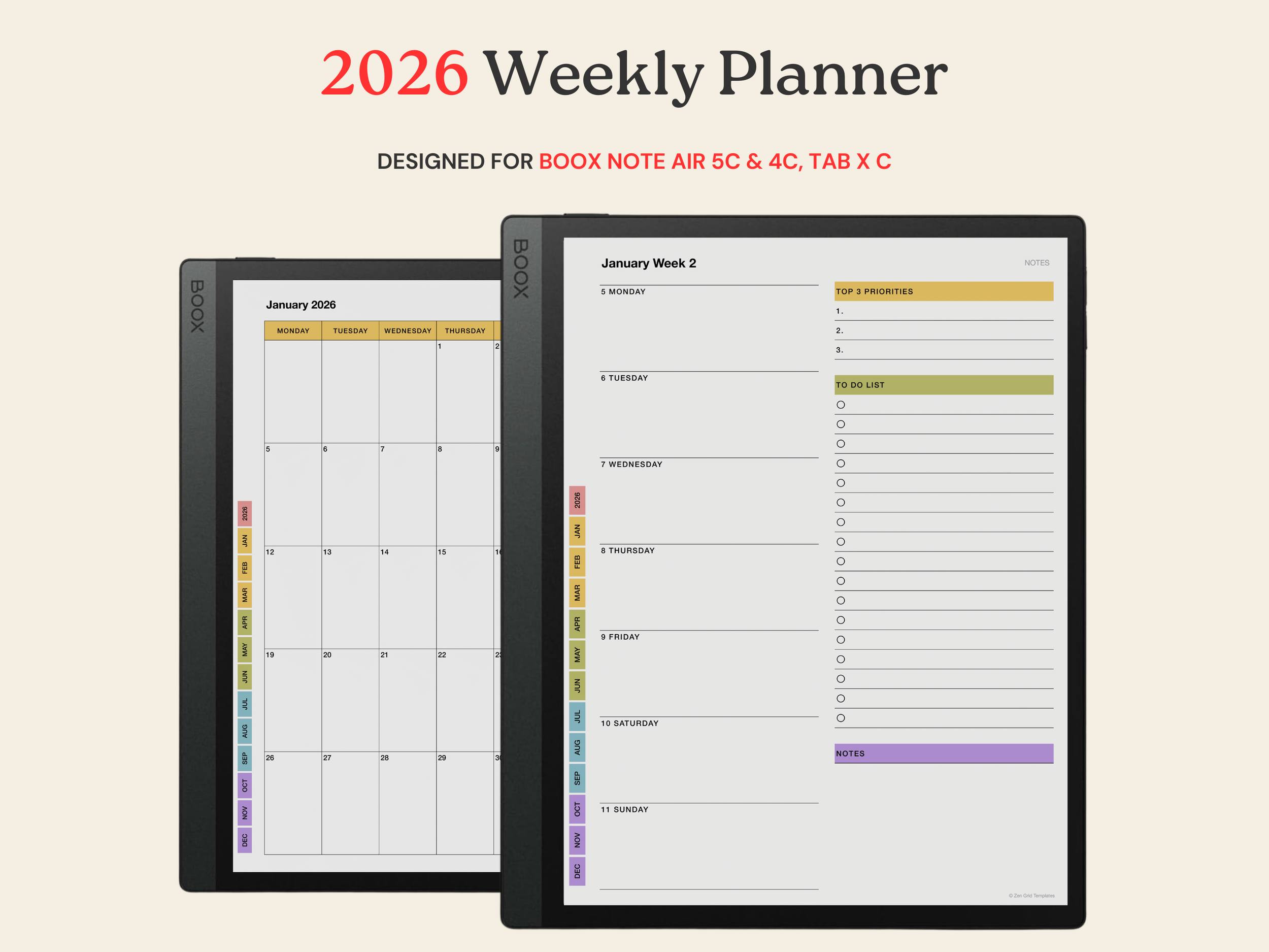2026 Weekly Planner for BOOX Note Air 5C, 4C & Tab X C