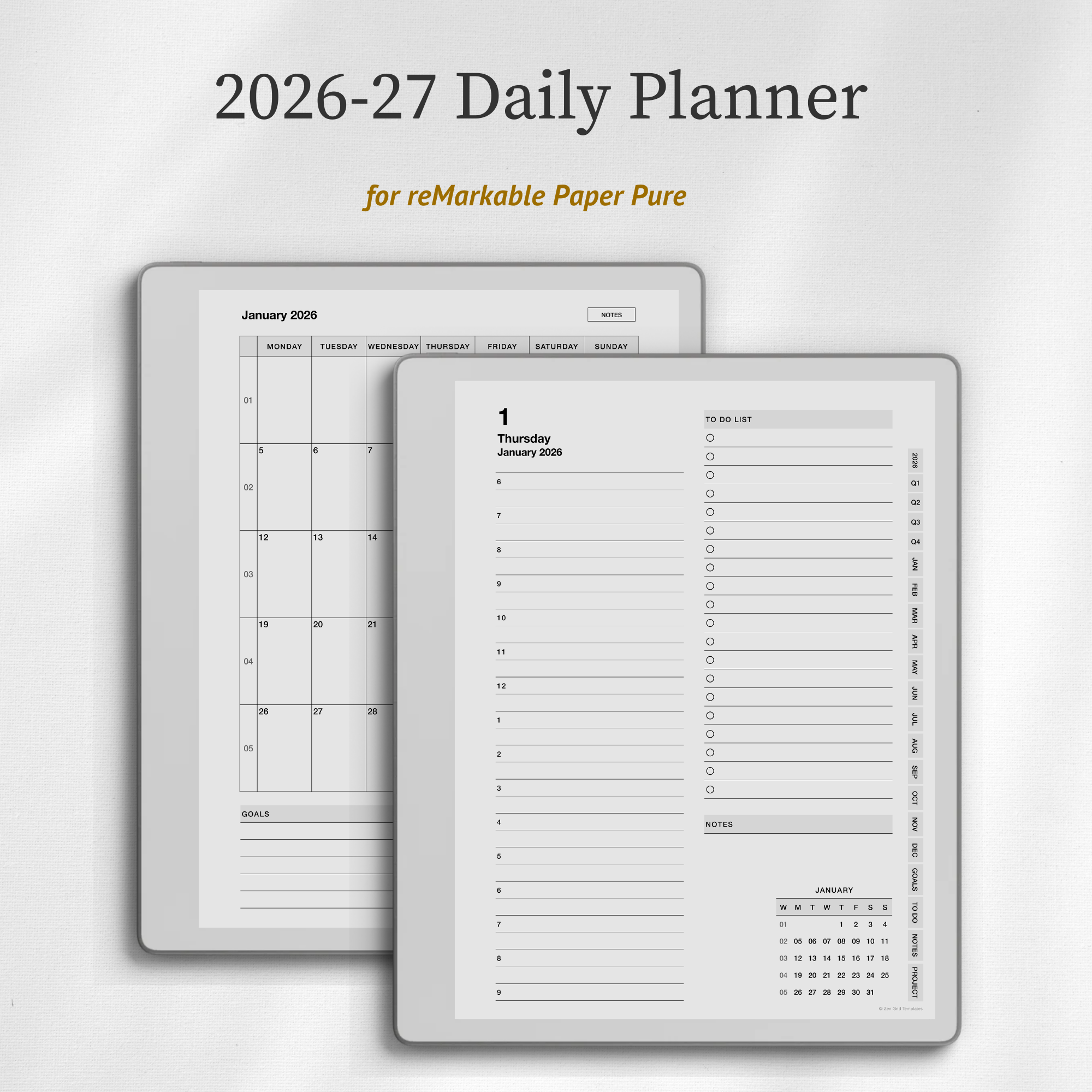 2026 + 2027 Daily Planner Template for reMarkable Pure