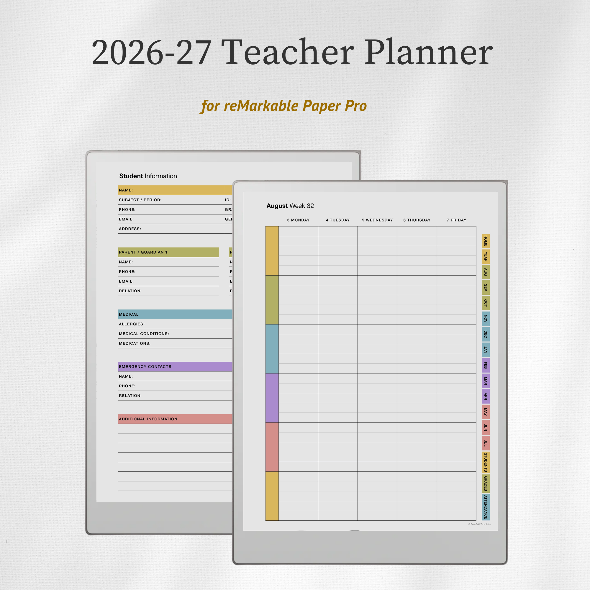 2026 - 2027 Teacher Planner for reMarkable Paper Pro