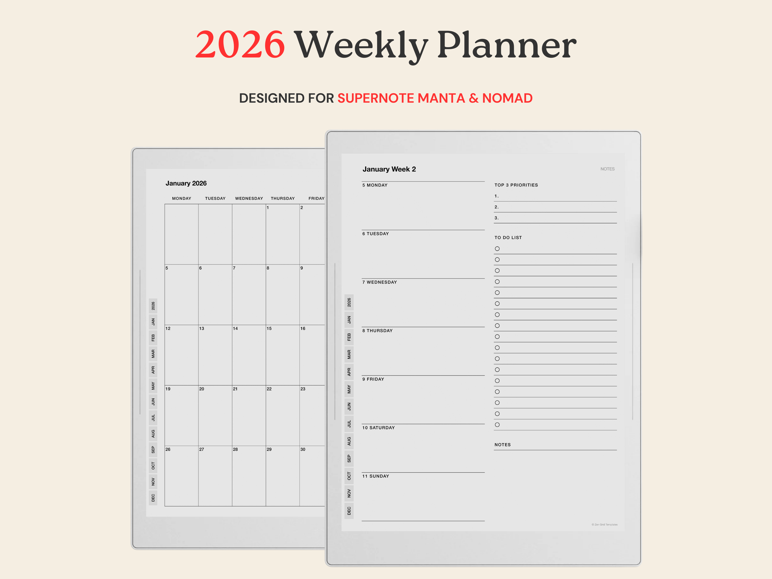 2026 Weekly Planner for Supernote Manta A5X & Nomad A6X