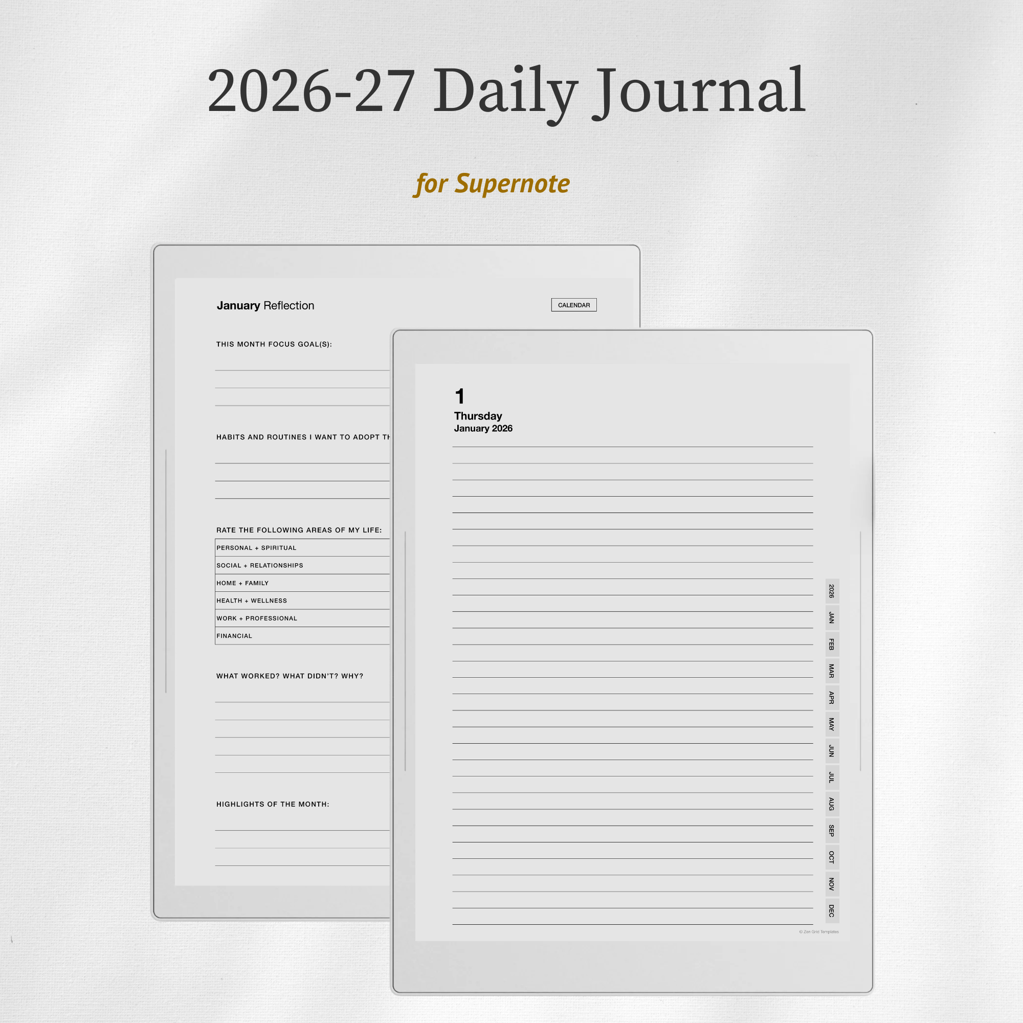 2026 + 2027 Daily Journal Template for Supernote