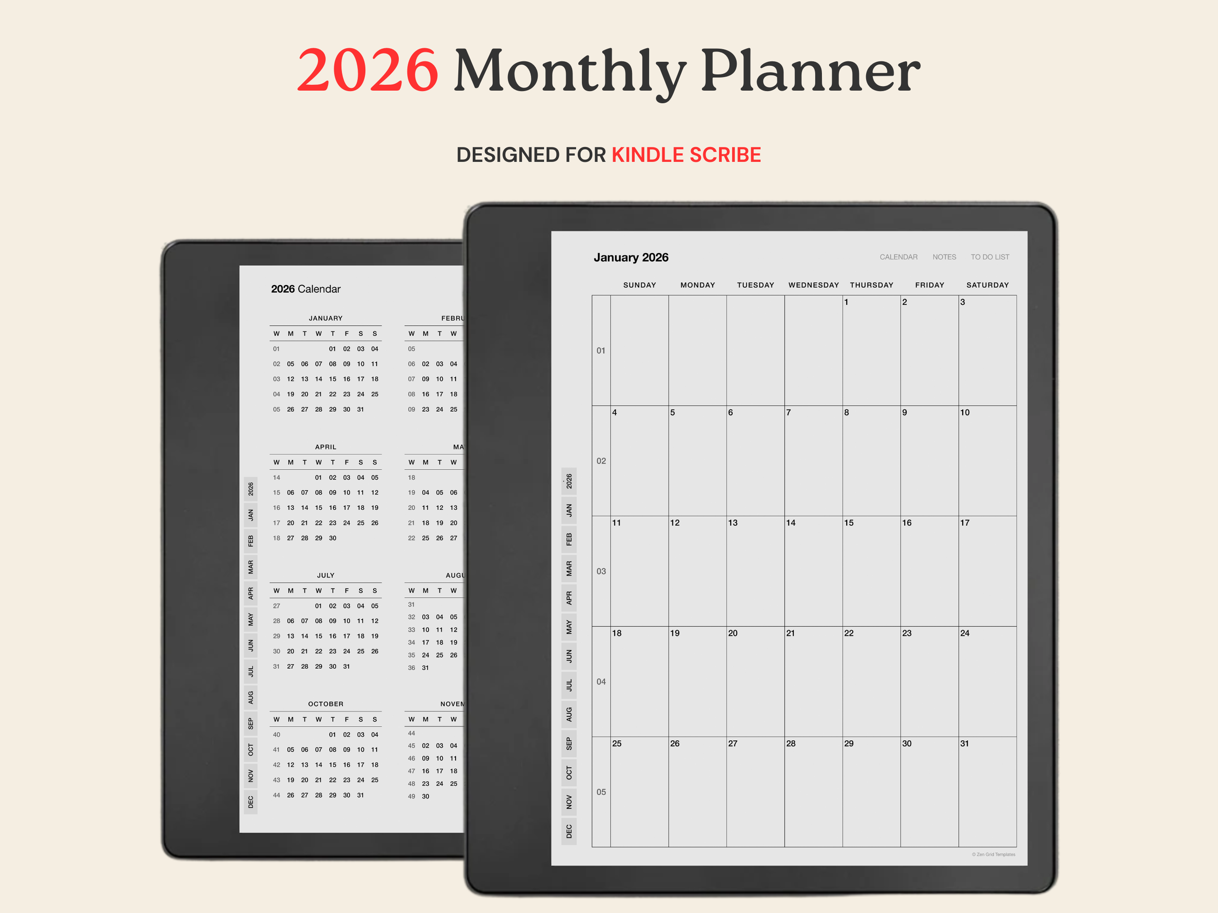 2026 Monthly Calendar for Kindle Scribe