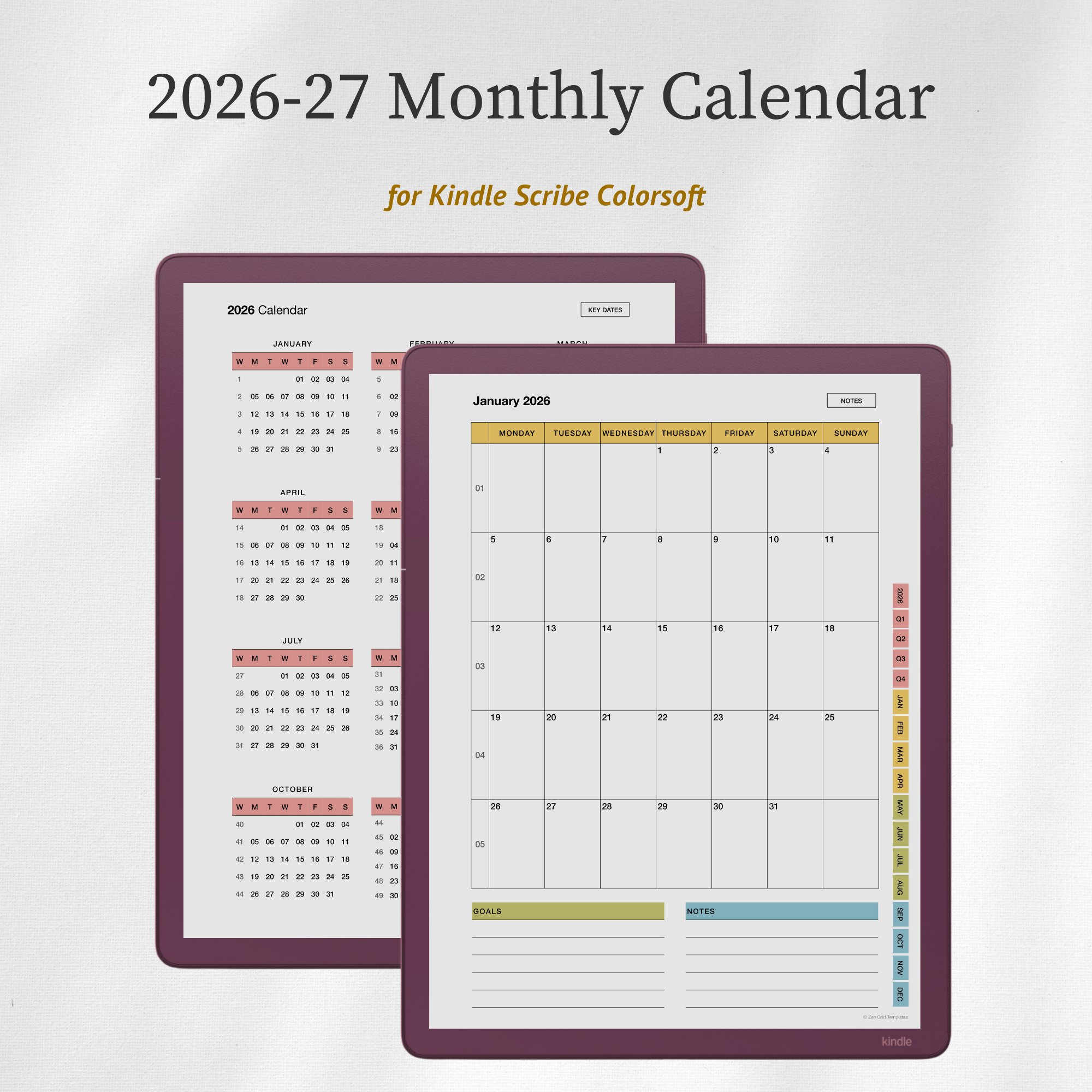 2026 + 2027 Monthly Calendar for Scribe Colorsoft