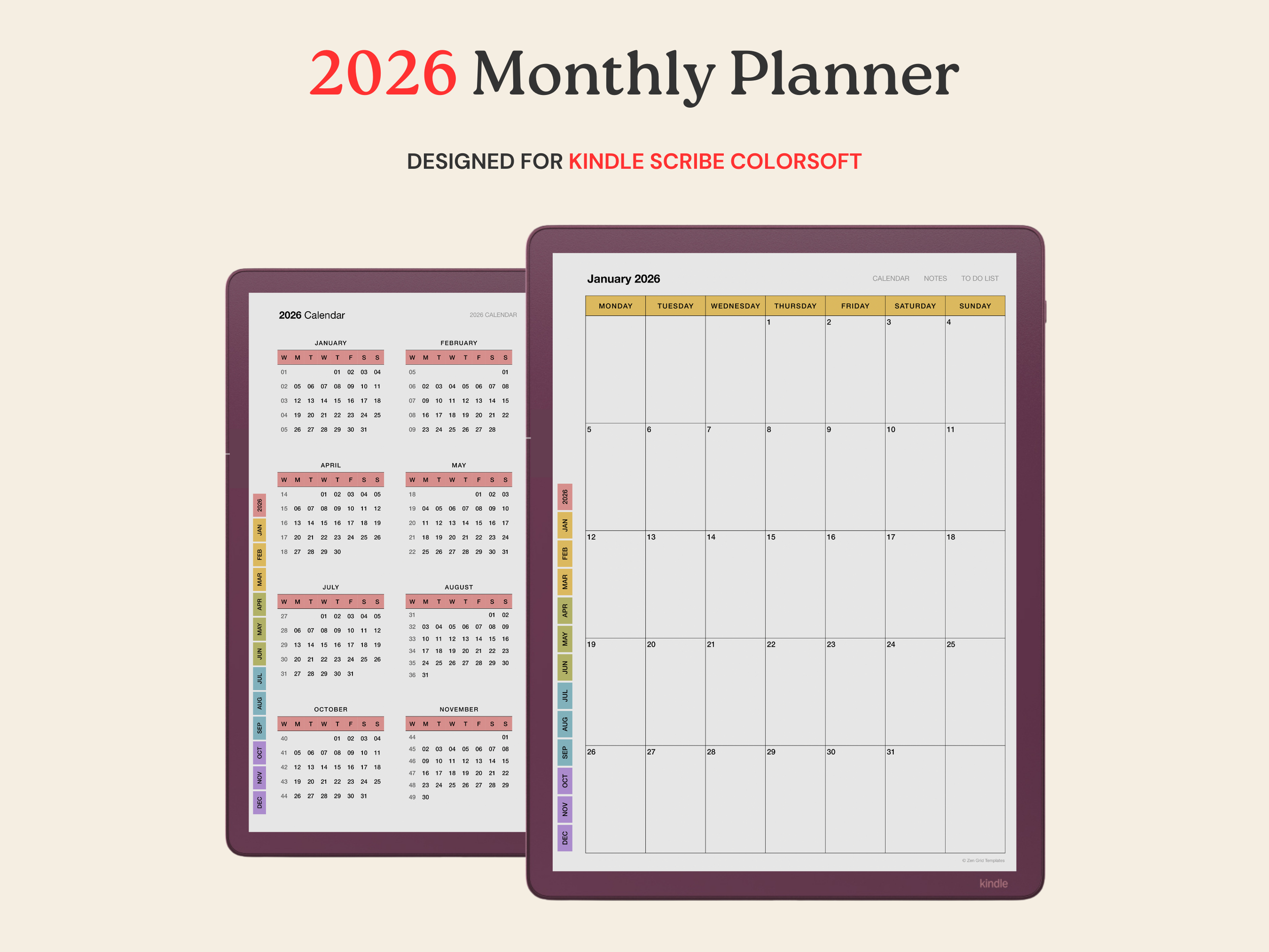 2026 Monthly Calendar for Kindle Scribe Colorsoft