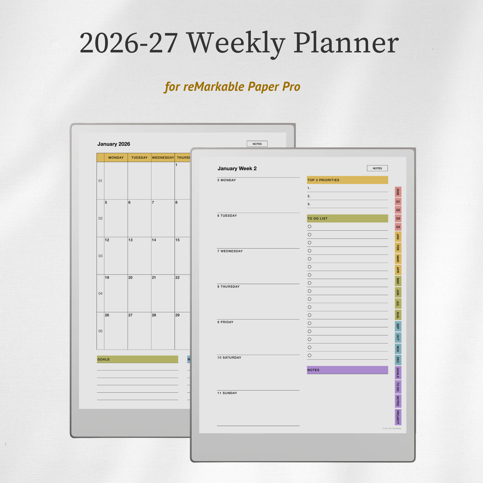 2026 + 2027 Weekly Planner Template for reMarkable Paper Pro
