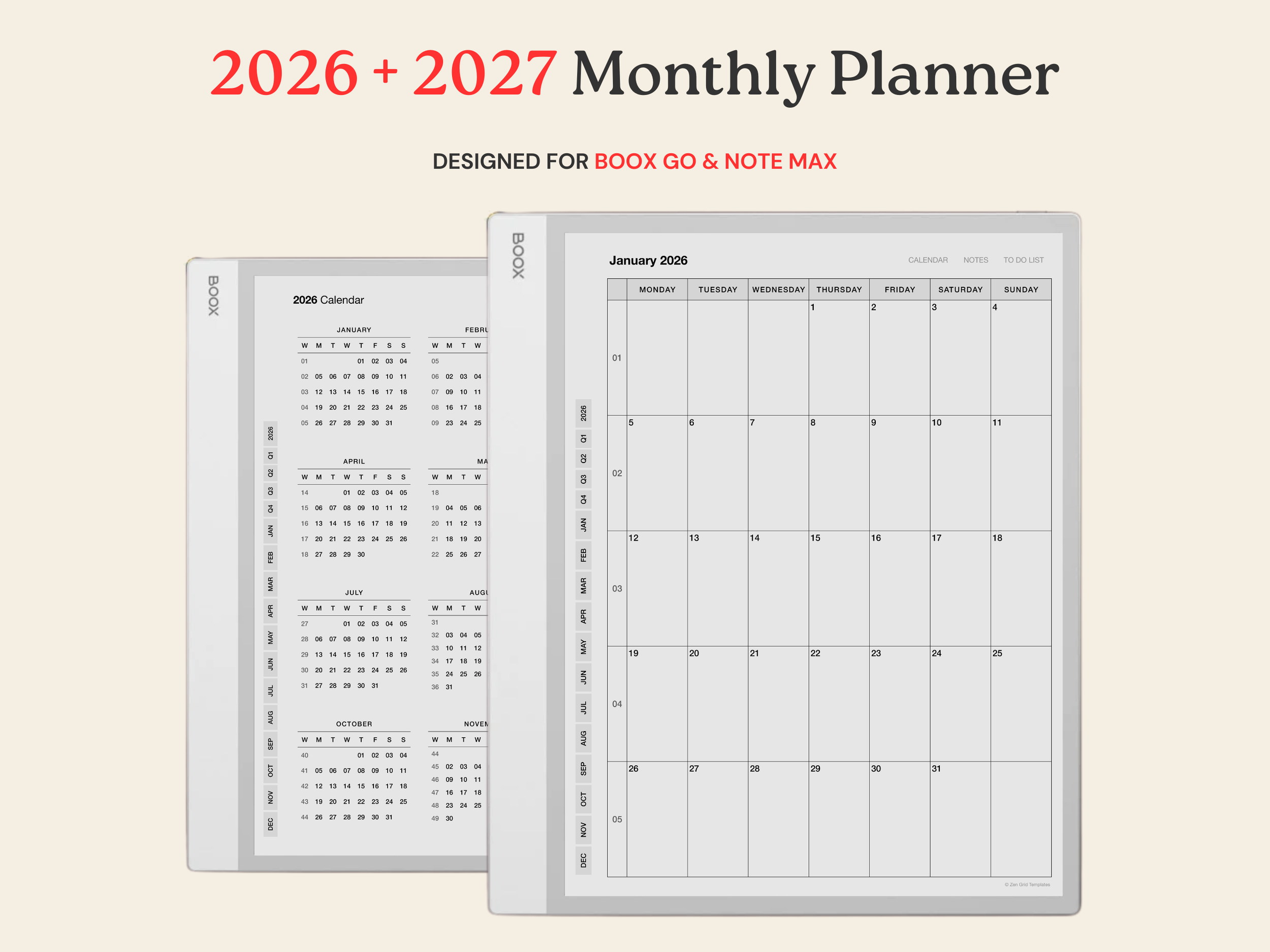 2026 + 2027 Monthly Calendar for BOOX Note Max & Go 10.3