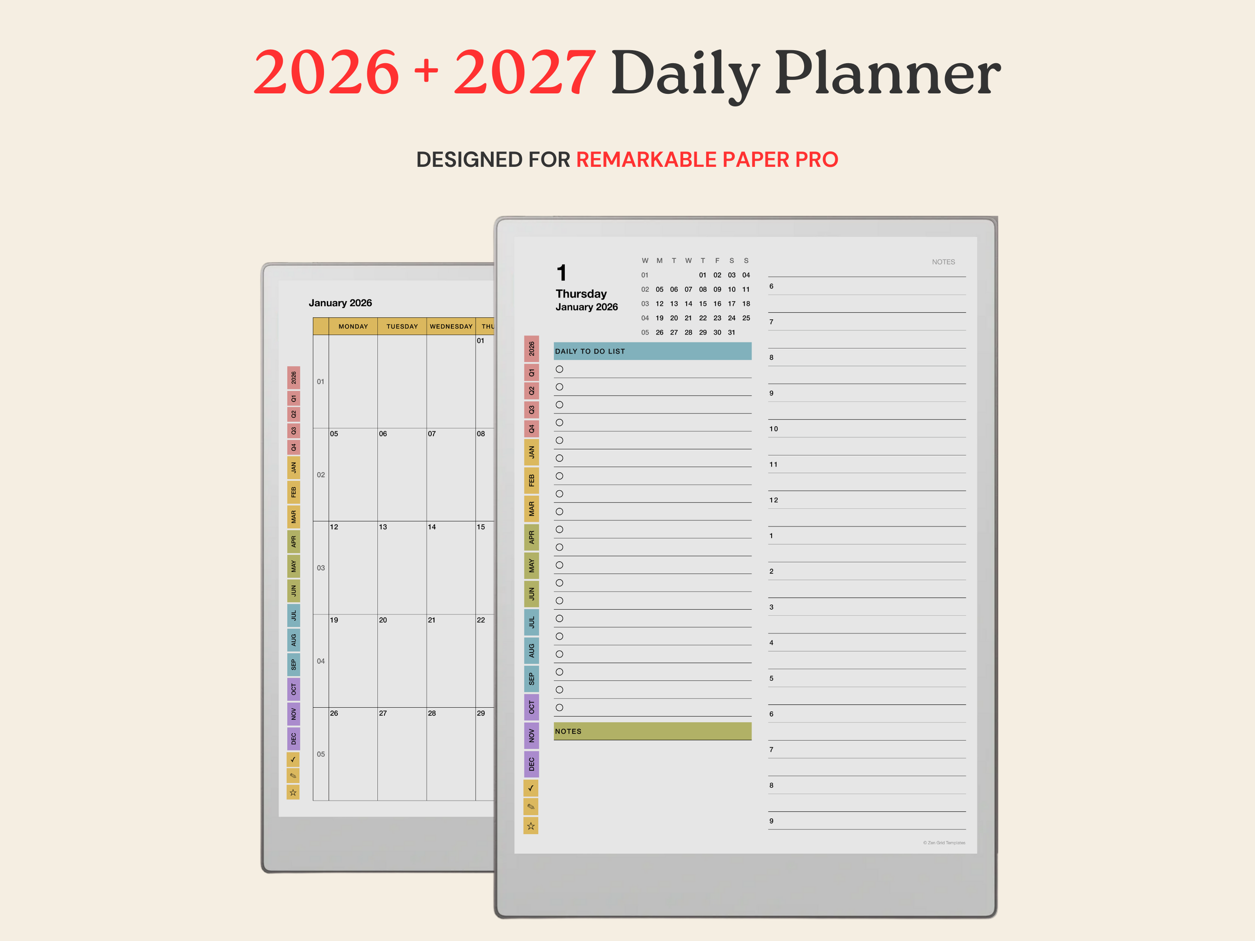 2026 + 2027 Daily Planner for reMarkable Paper Pro