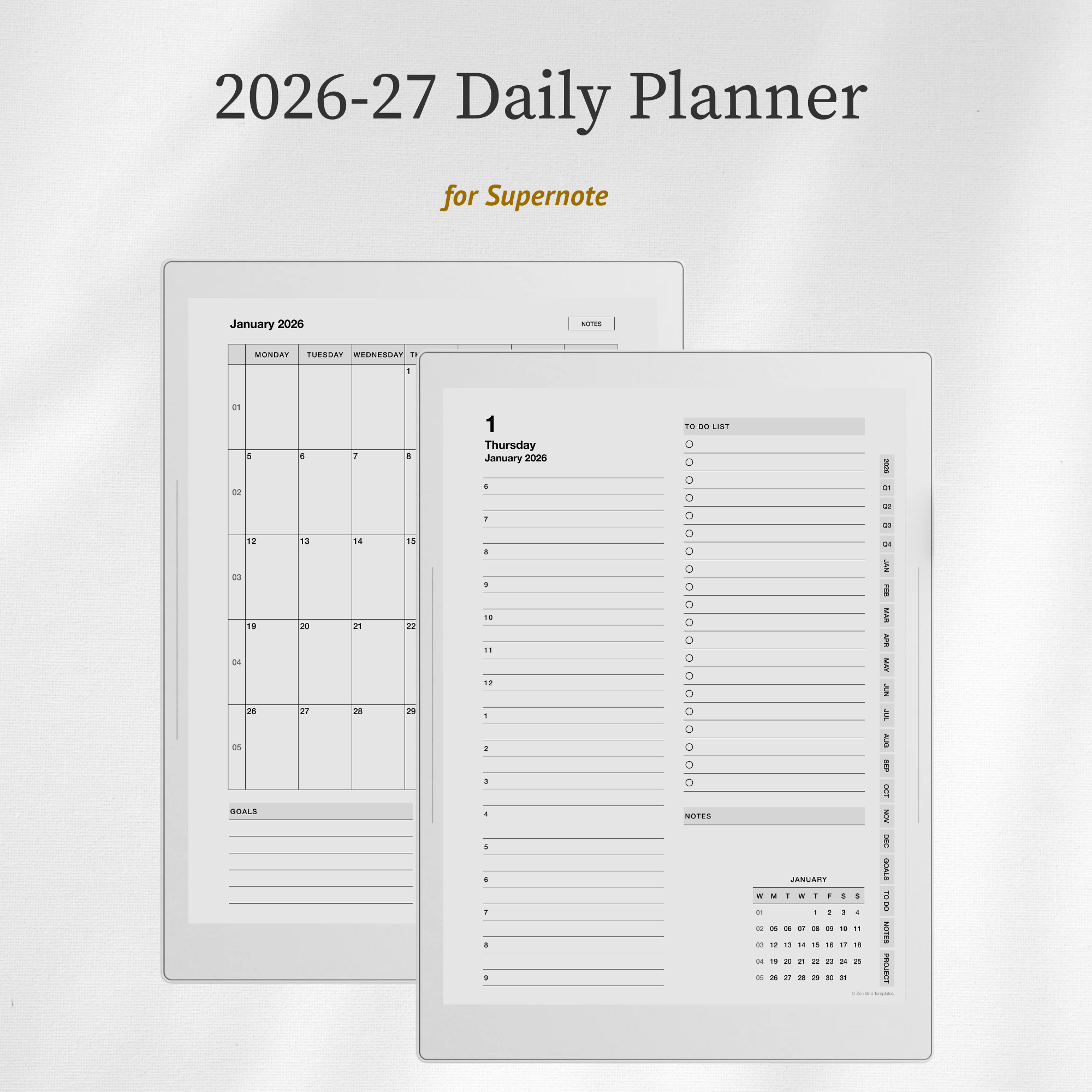 2026 + 2027 Daily Planner Template for Supernote